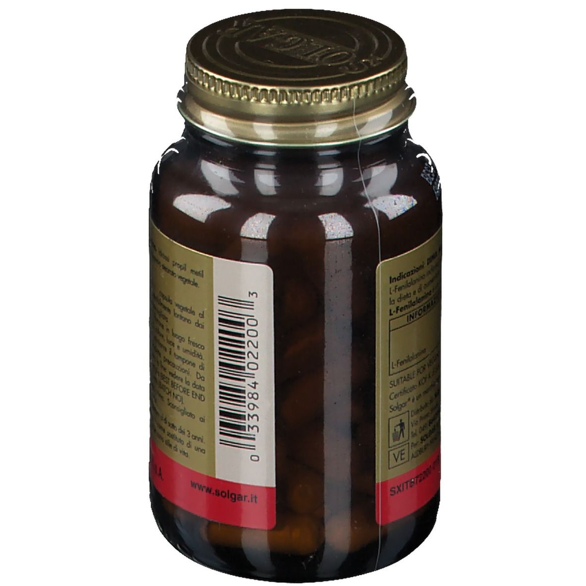 Vista posteriore del flacone di vetro marrone. Adesivo con codice a barre e altre informazioni. Etichetta rossa.