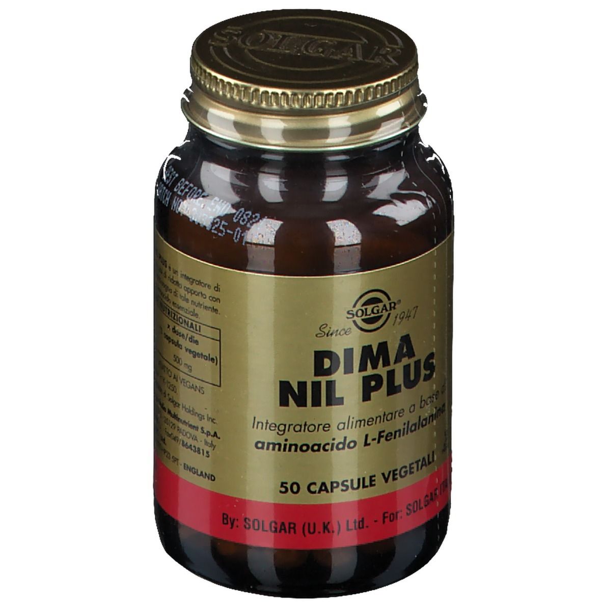 Flacone di vetro marrone con tappo dorato. Scritta: SOLGAR, DIMA NIL PLUS, 50 capsule vegetali. Etichetta rossa.