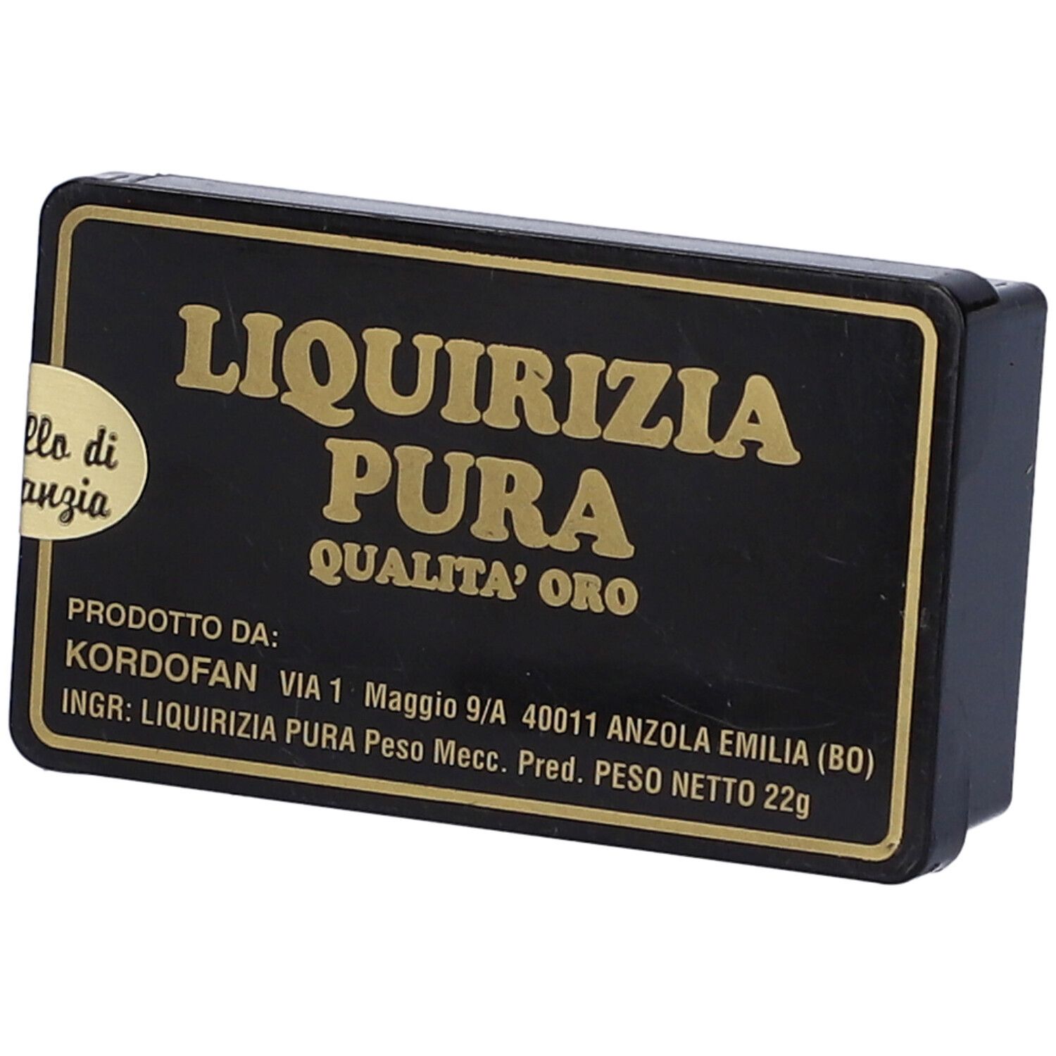 Scatola nera con scritta oro: Liquirizia Pura, Qualità Oro. Adesivo con testo. Peso: 22g.