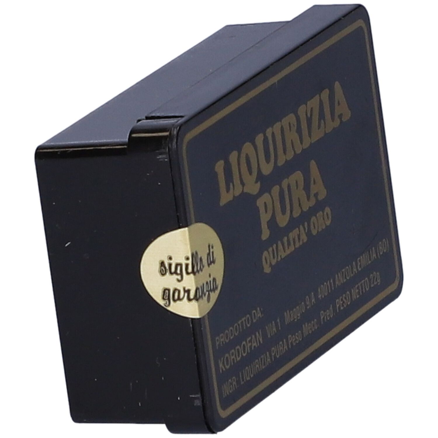 Scatola nera con scritta oro: Liquirizia Pura, Qualità Oro. Adesivo sigillo dorato.