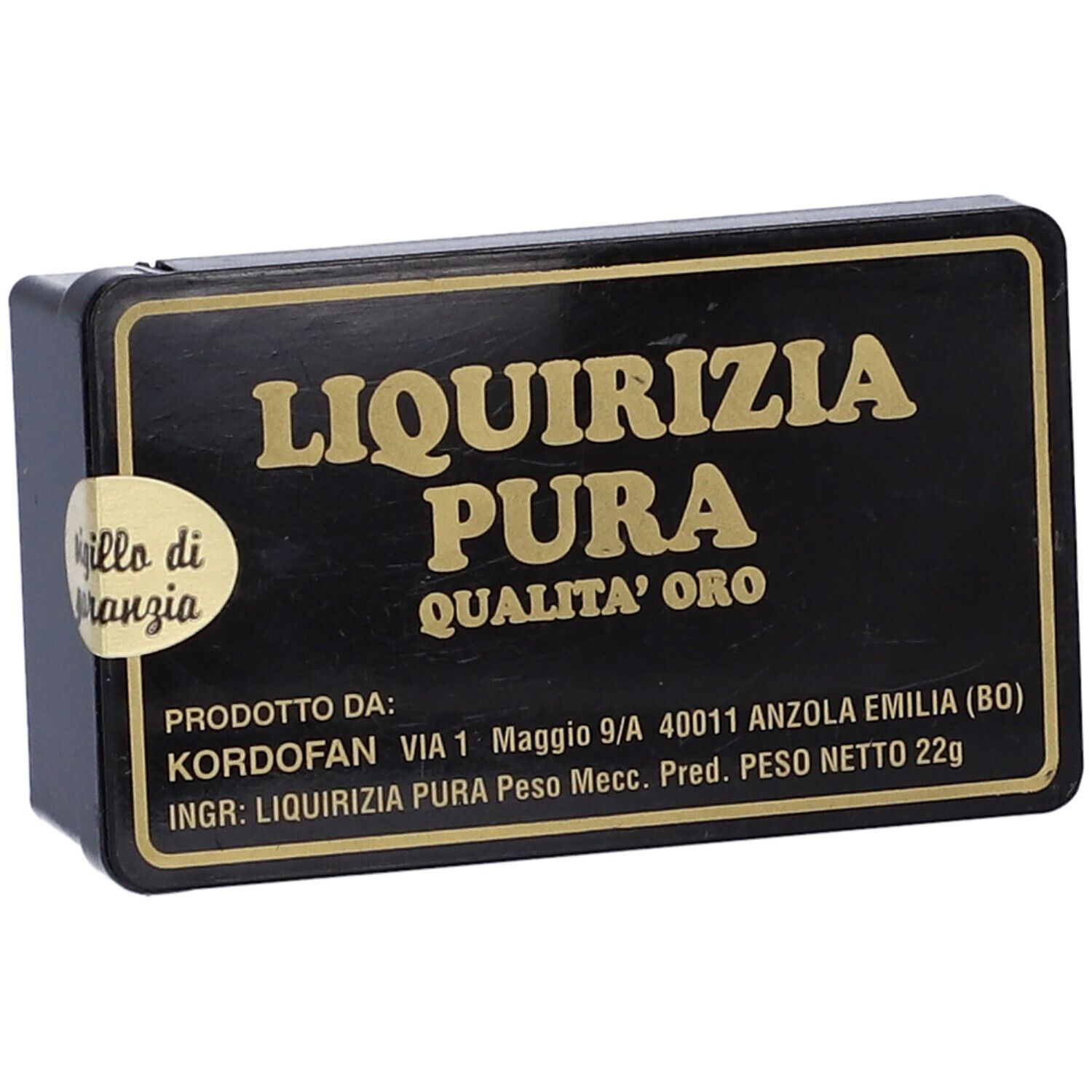 Scatola nera con scritta oro: Liquirizia Pura, Qualità Oro. Adesivo con testo. Peso: 22g.