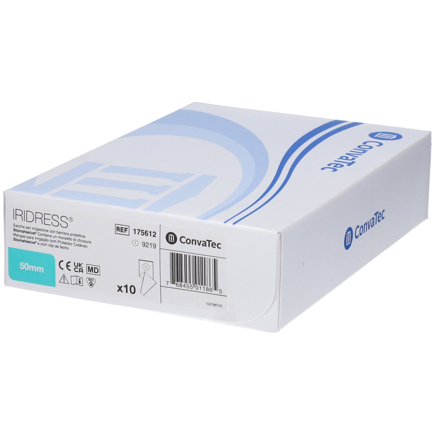 Confezione bianca ConvaTec con logo blu. Nome prodotto Iridress e misura 50mm visibili.