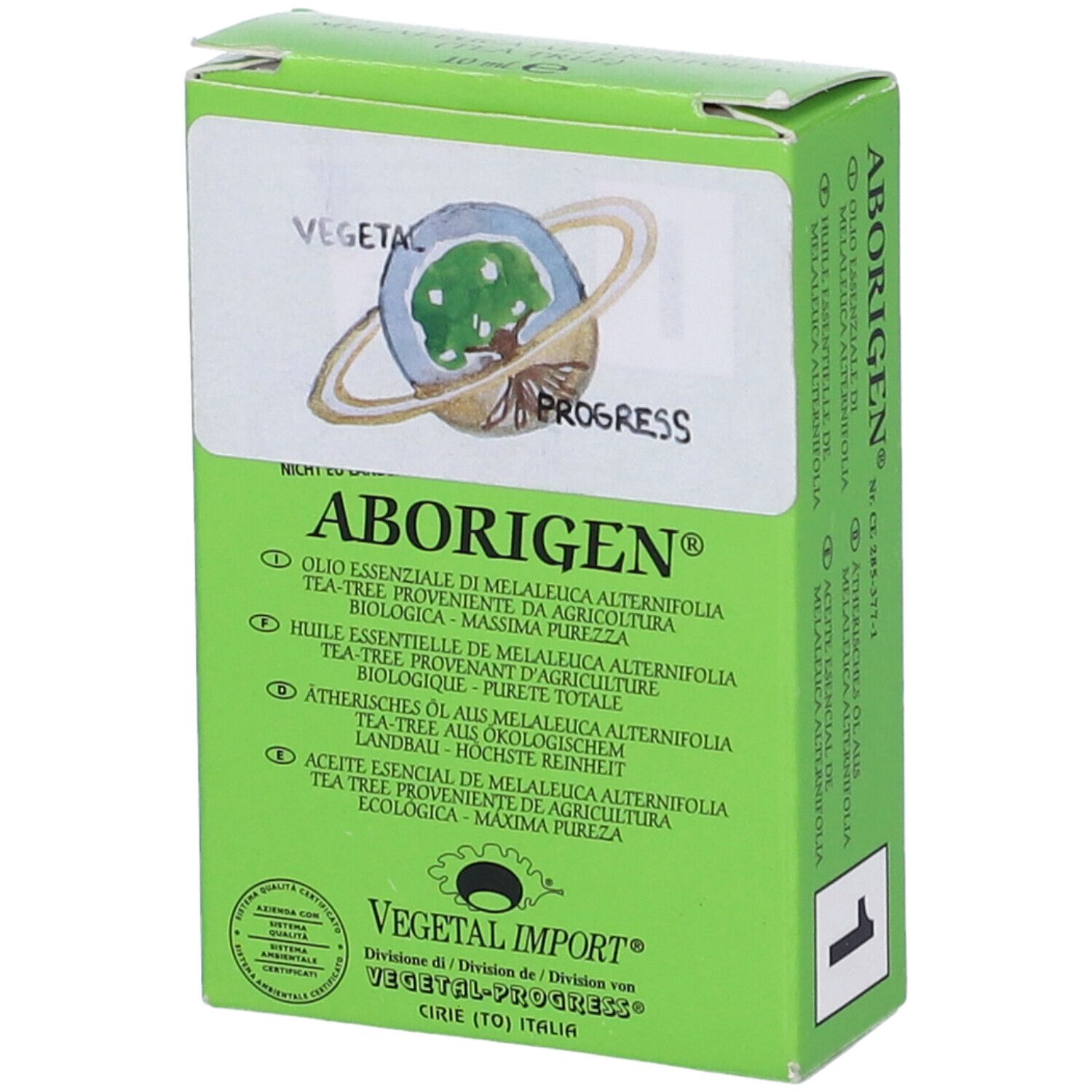 Scatola verde con logo e testo. Scritta: Aborigen, Melaleuca Olio Essenziale. Logo con albero e anello.