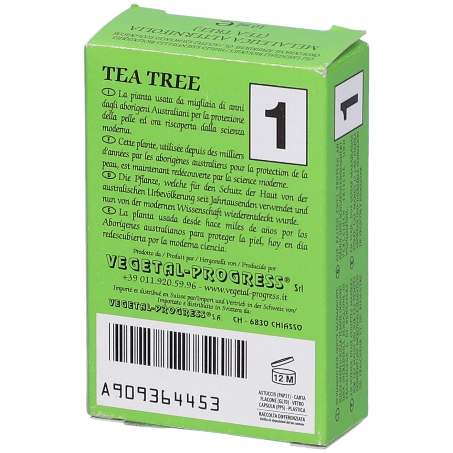Scatola verde, retro. Testo: Tea Tree. Testo e codice a barre. Simbolo di durata 12M.