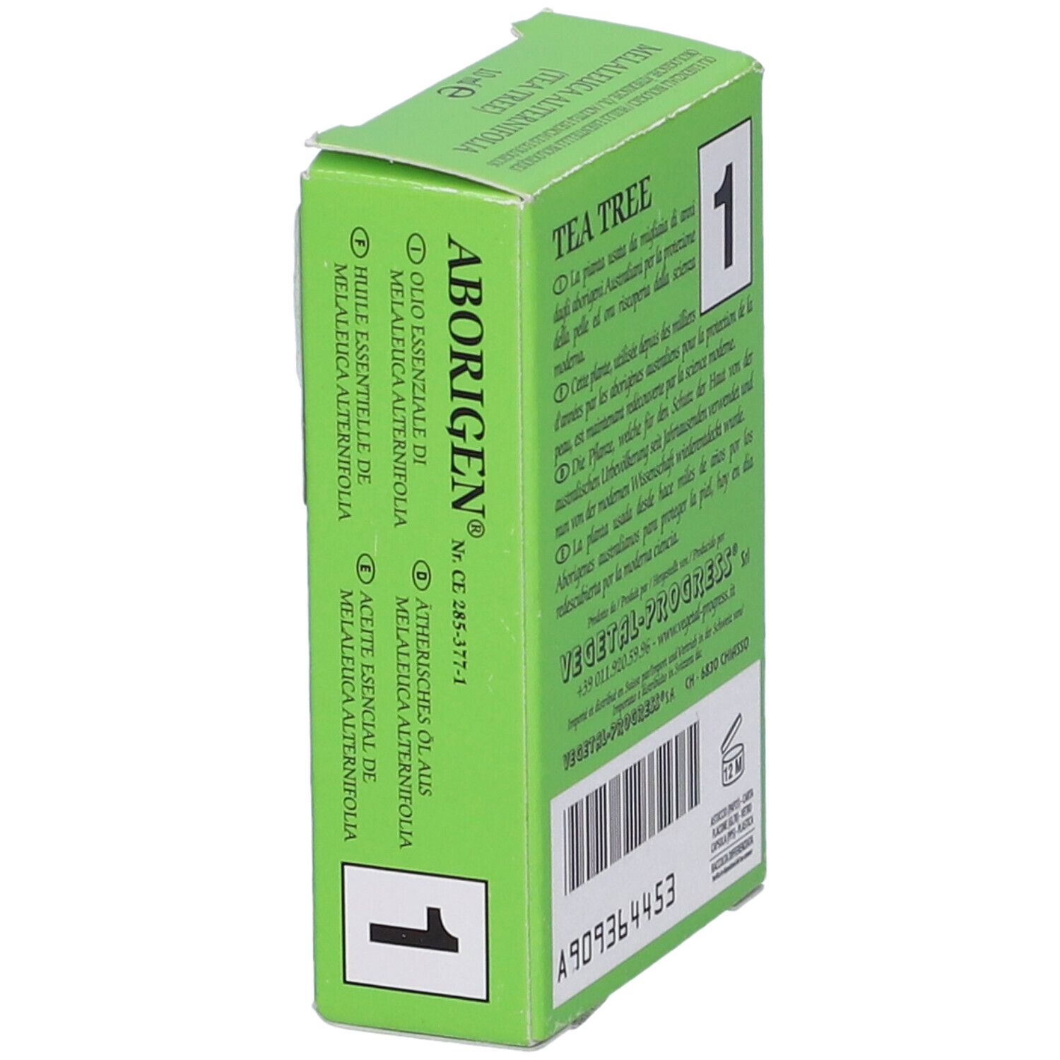 Scatola verde, vista laterale. Testo: Aborigen, Melaleuca Olio Essenziale. Numero 1. Testo: Tea Tree.