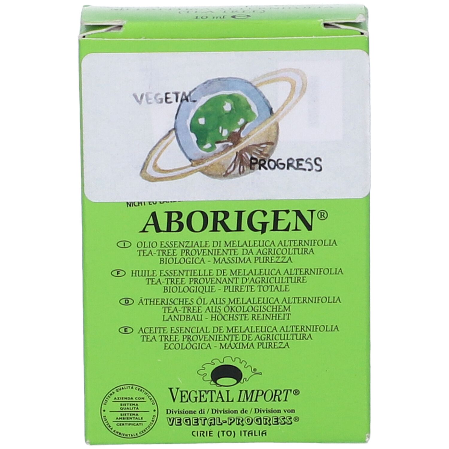 Scatola verde con testo e logo. Scritta: Aborigen, Melaleuca Olio Essenziale. Logo con albero e anello.