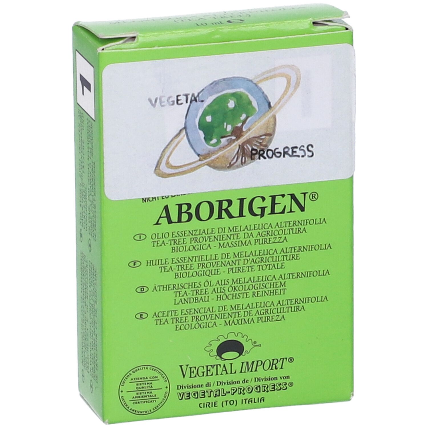Scatola verde con testo e logo. Scritta: Aborigen, Melaleuca Olio Essenziale. Logo con albero e anello.