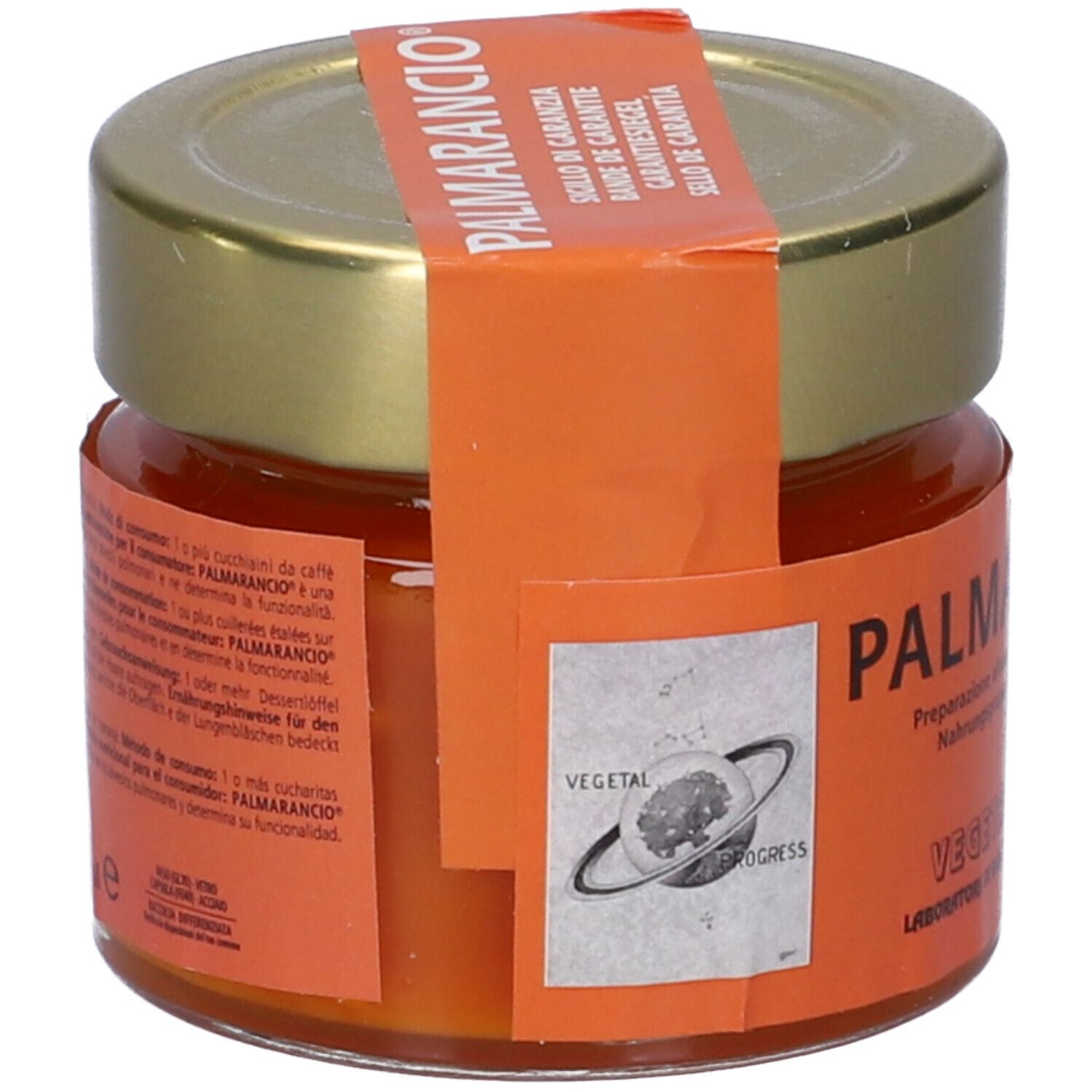 Vasetto in vetro con contenuto arancione. Etichetta con testo: PALMARANCIO, VEGETAL-PROGRESS. Coperchio dorato con sigillo. Testo sul retro.