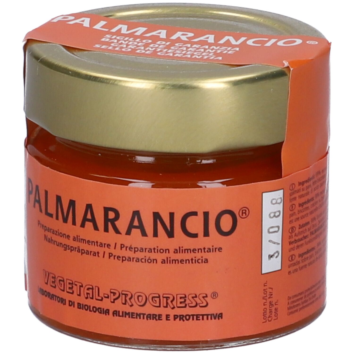 Vasetto in vetro con contenuto arancione. Etichetta con testo: PALMARANCIO, VEGETAL-PROGRESS. Coperchio dorato con sigillo.