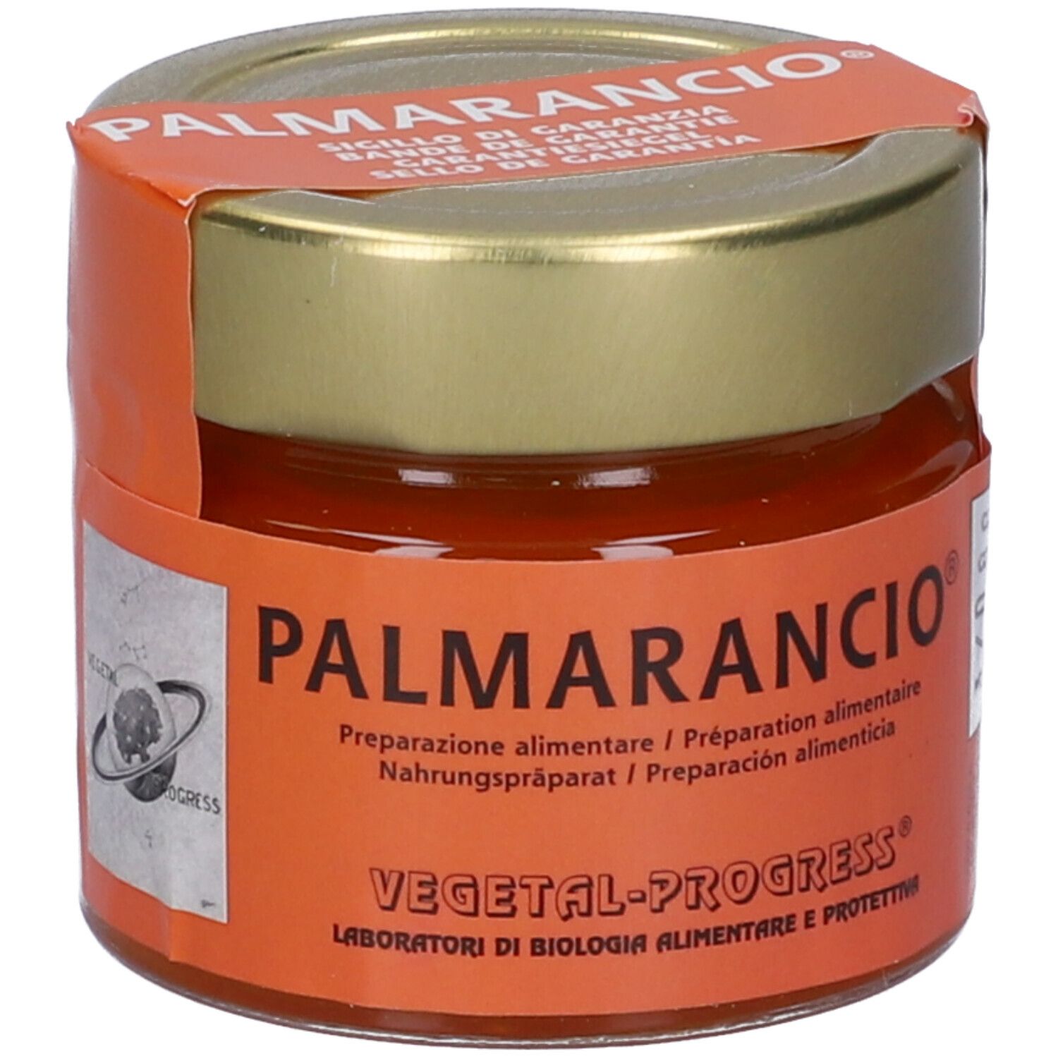 Vasetto in vetro con contenuto arancione. Etichetta con testo: PALMARANCIO, VEGETAL-PROGRESS. Coperchio dorato.