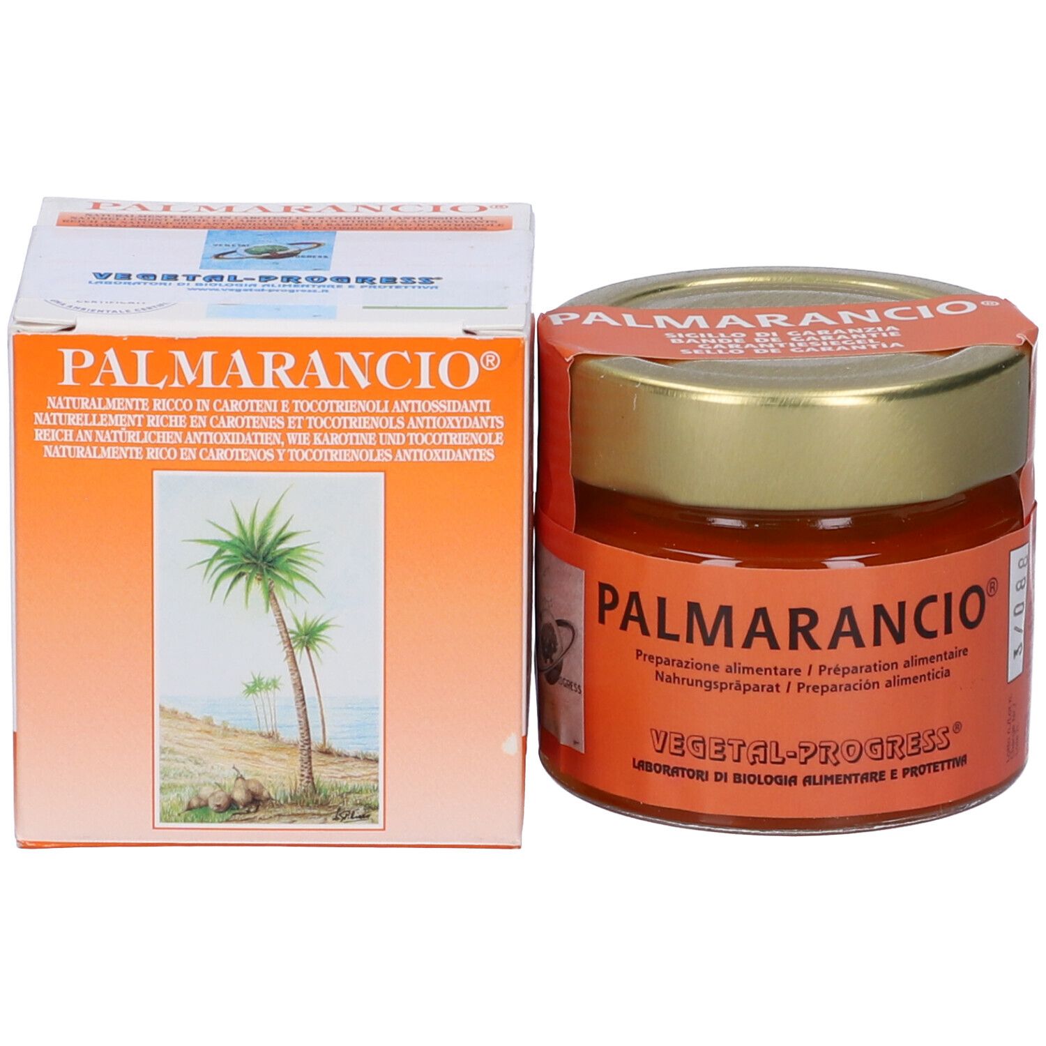 Vasetto in vetro con contenuto arancione e scatola. Scritta: PALMARANCIO. Scatola con motivo palme.