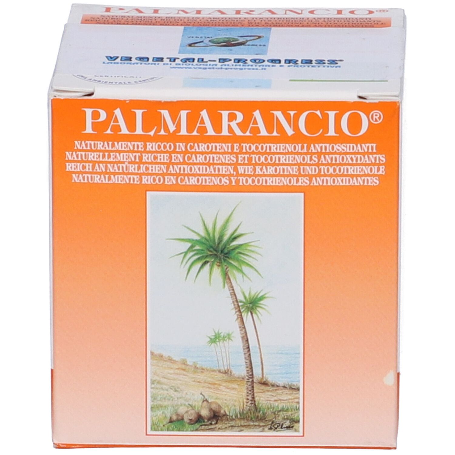 Scatola con scritta: PALMARANCIO. Motivo palme. Testo in più lingue.