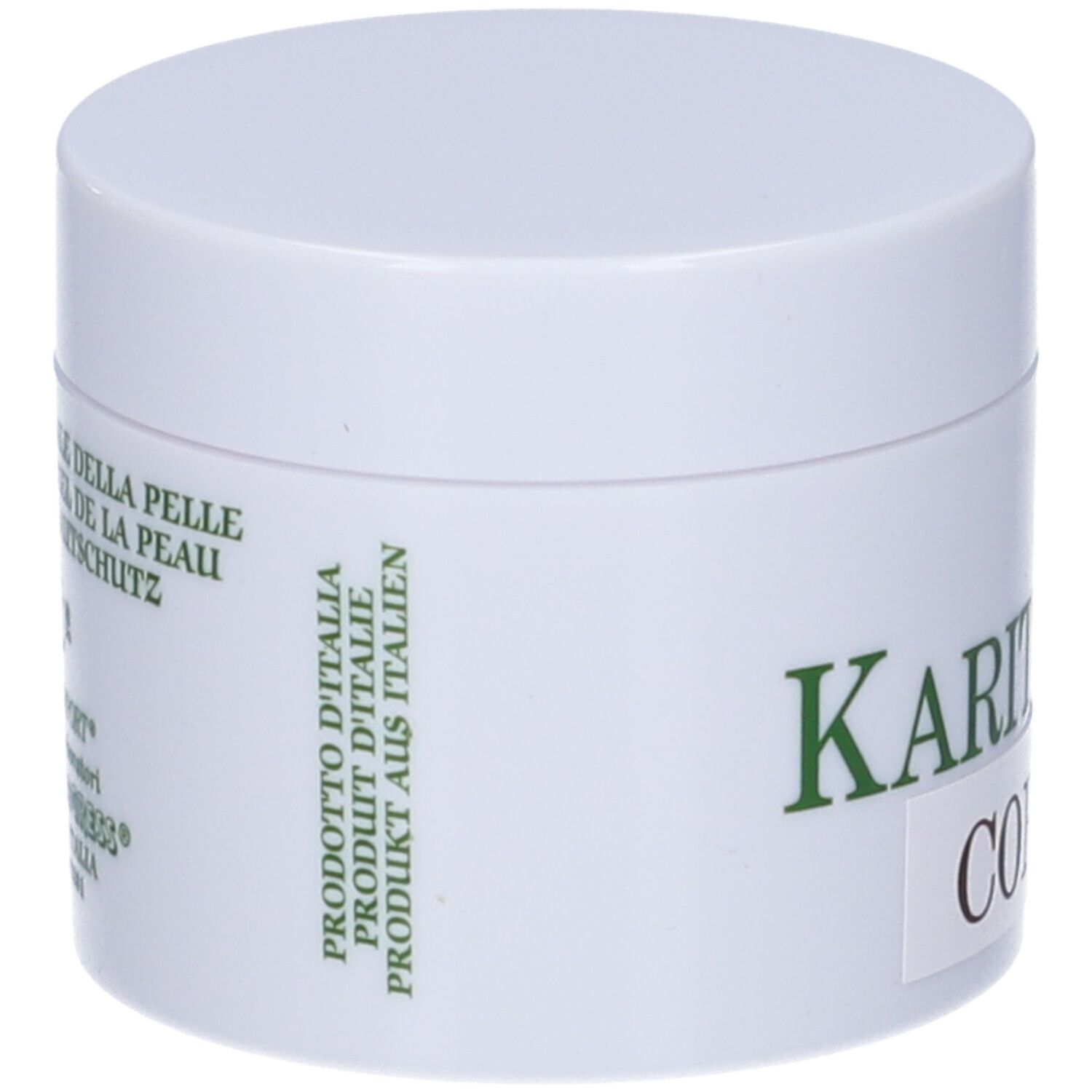 Vasetto bianco con testi laterali. Scritta: KARITESANA CORTEX. Prodotto in Italia.