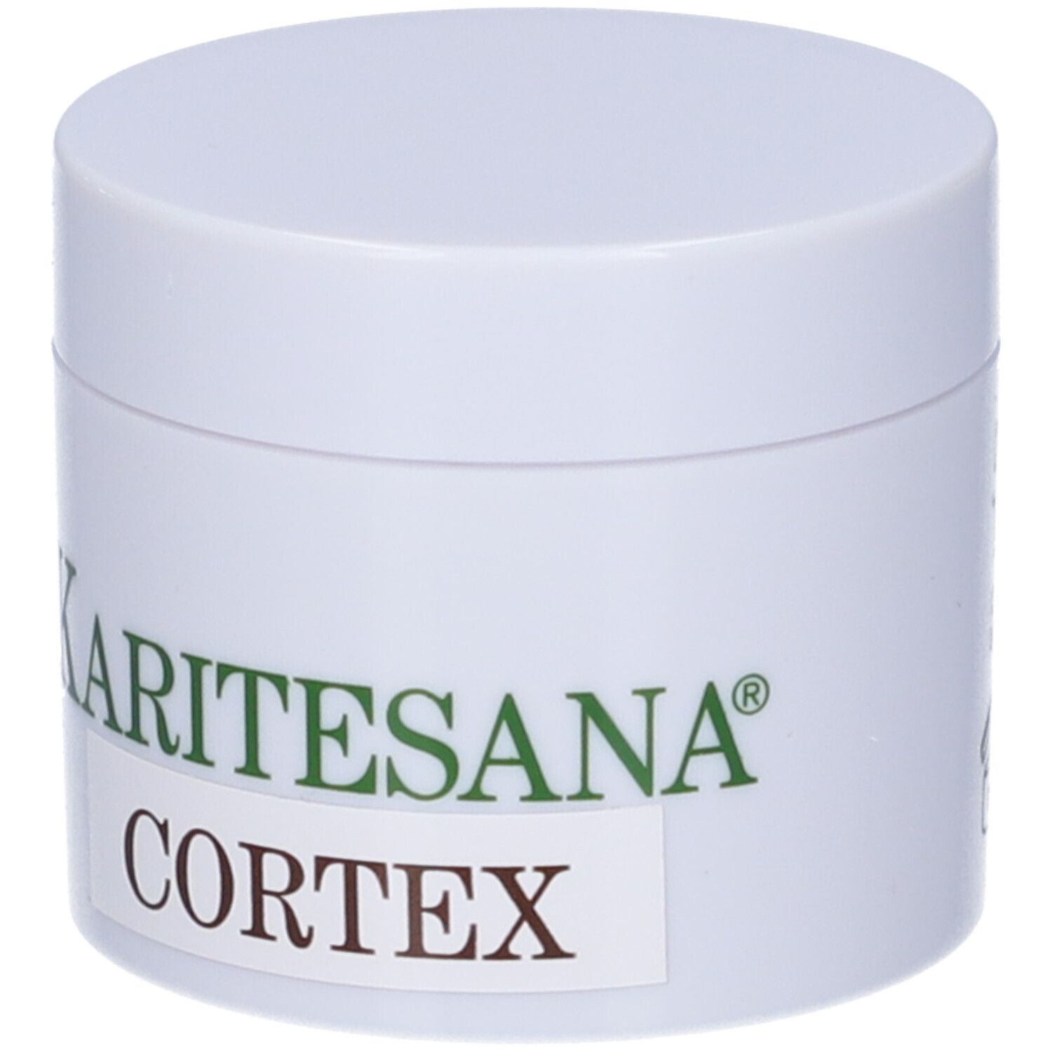 Vasetto bianco con scritta verde e marrone. Scritta: KARITESANA CORTEX.
