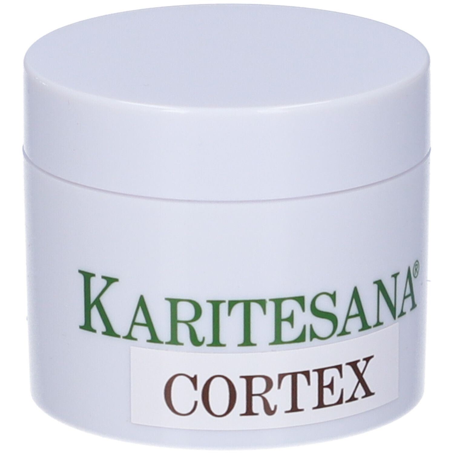 Vasetto bianco con scritta verde e marrone. Scritta: KARITESANA CORTEX.