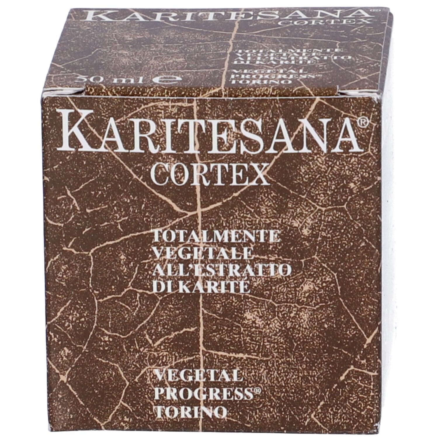 Scatola marrone con testo. Scritta: KARITESANA CORTEX. 50 ml.
