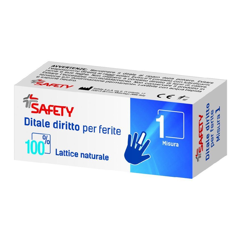 Scatola 'SAFETY' con 'Ditale diritto per ferite'. Misura 1. 100% lattice naturale. Simbolo mano.