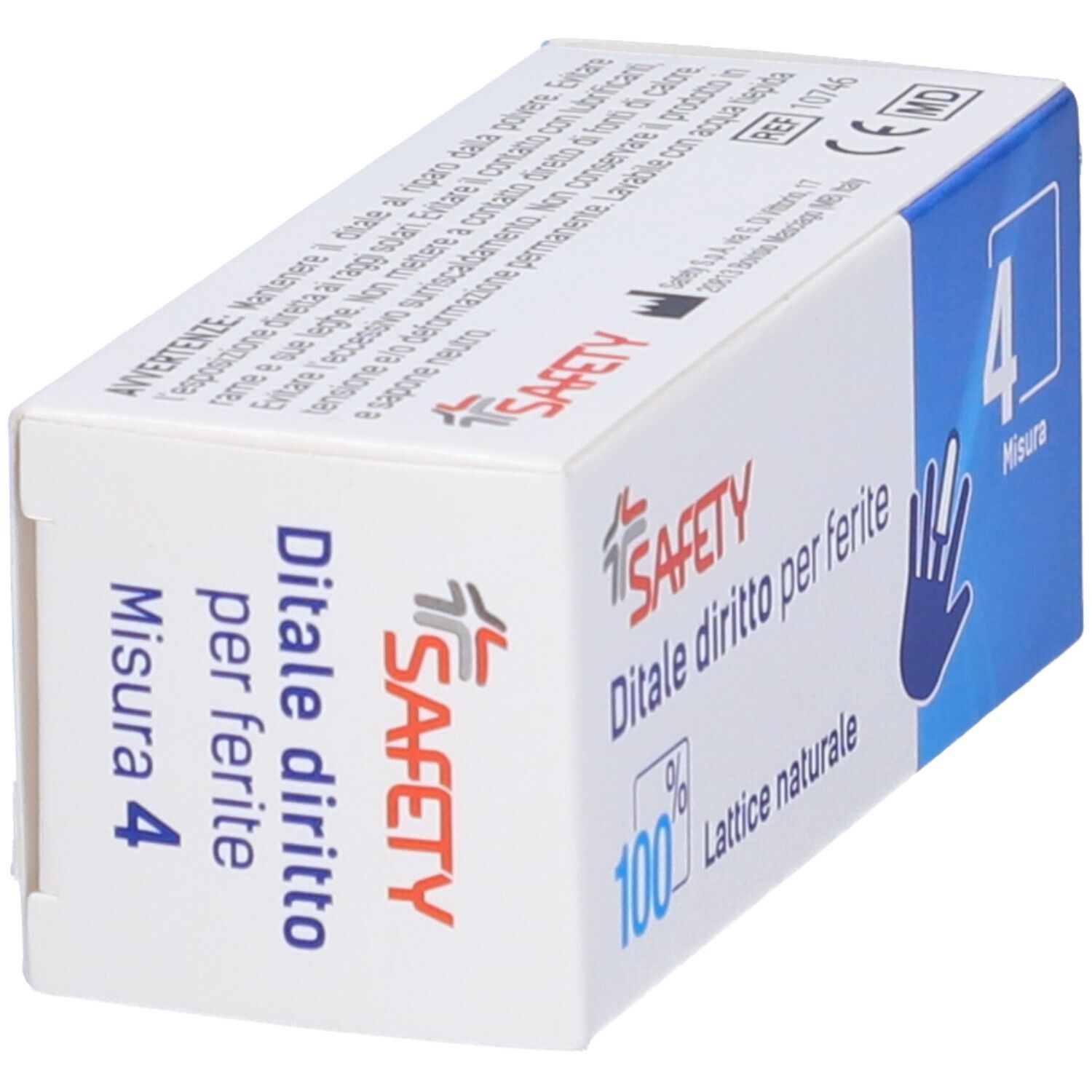 Scatola 'SAFETY' con 'Ditale diritto per ferite'. Misura 4. 100% lattice naturale. Simbolo mano.
