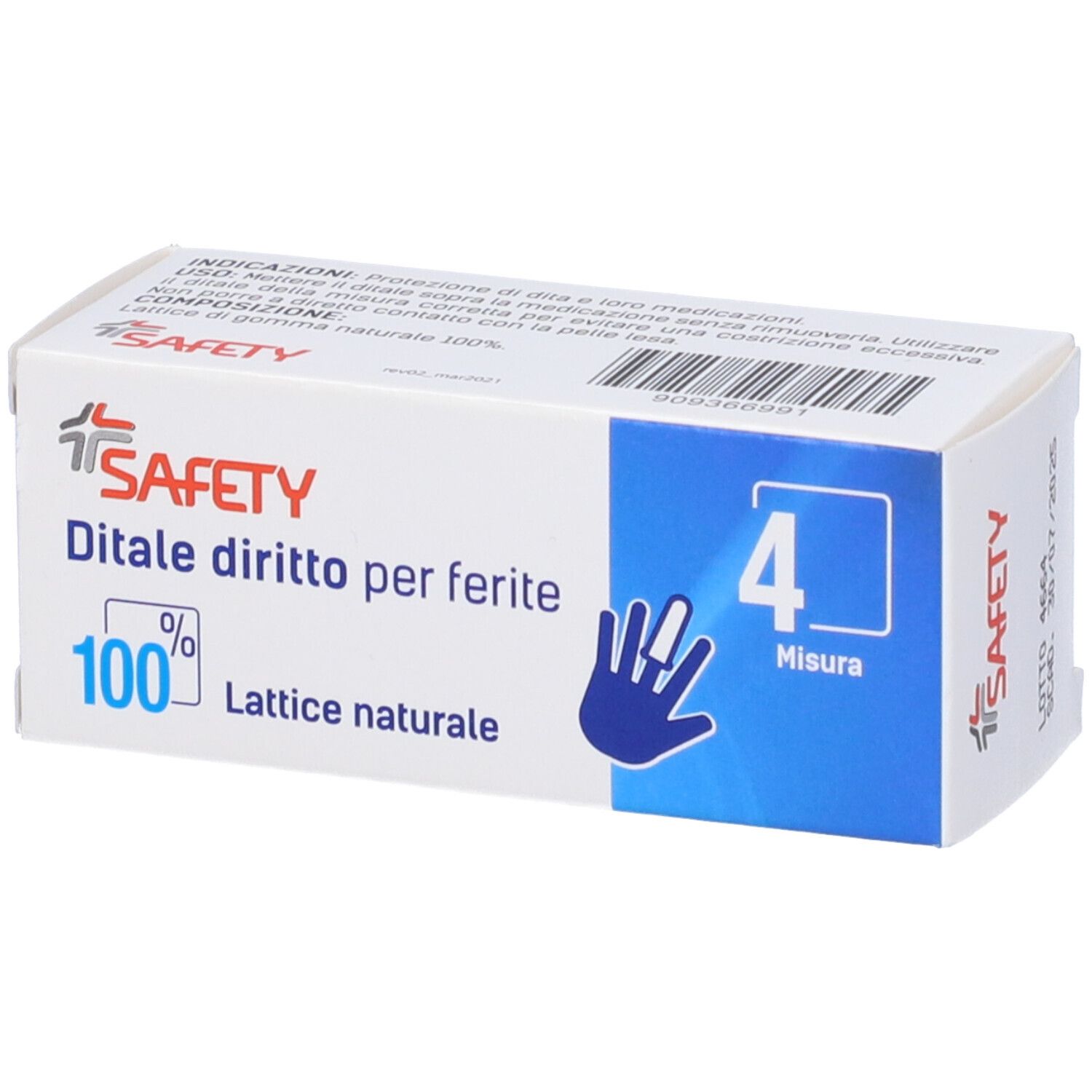 Scatola 'SAFETY' con 'Ditale diritto per ferite'. Misura 4. 100% lattice naturale. Simbolo mano.