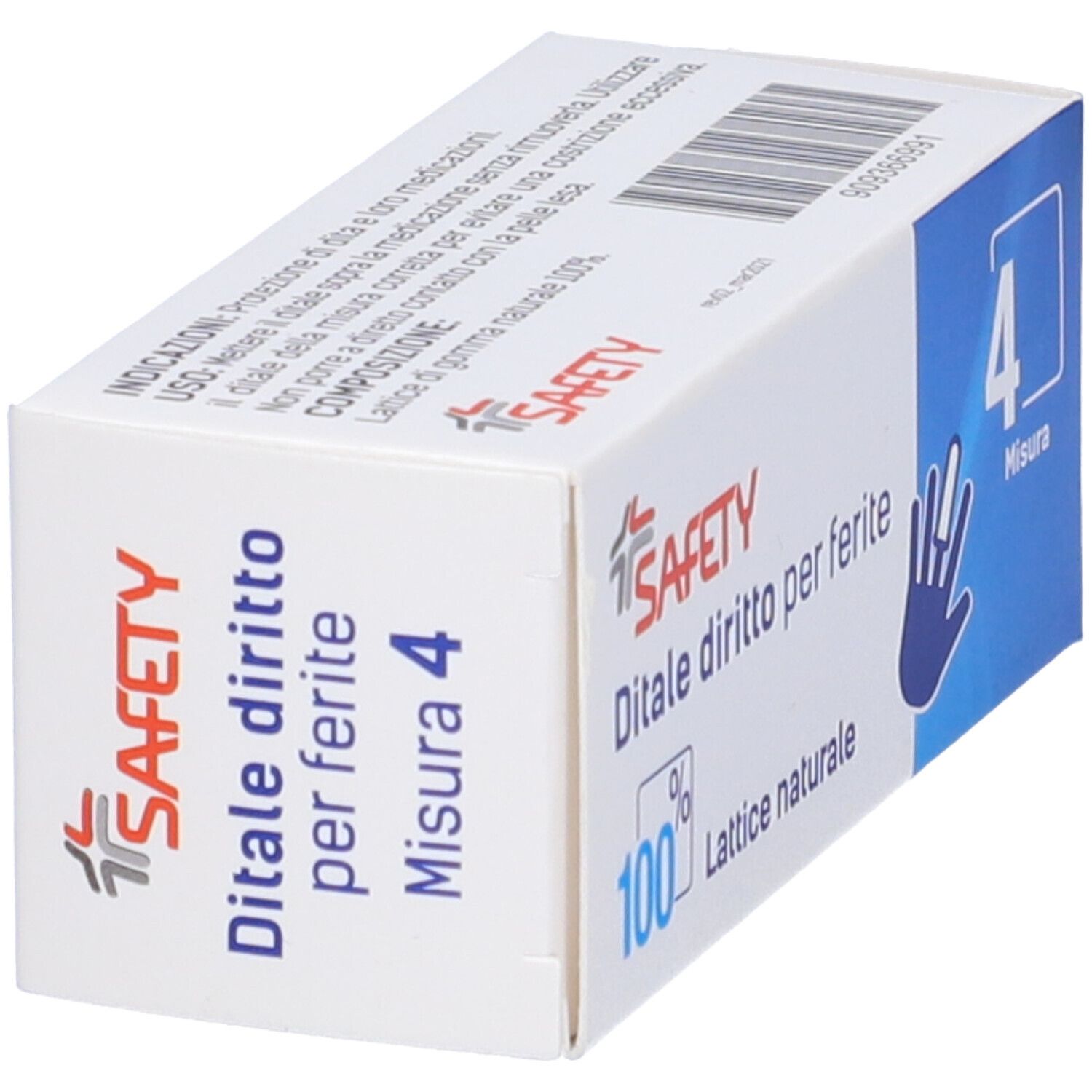 Scatola 'SAFETY' con 'Ditale diritto per ferite'. Misura 4. 100% lattice naturale. Simbolo mano.