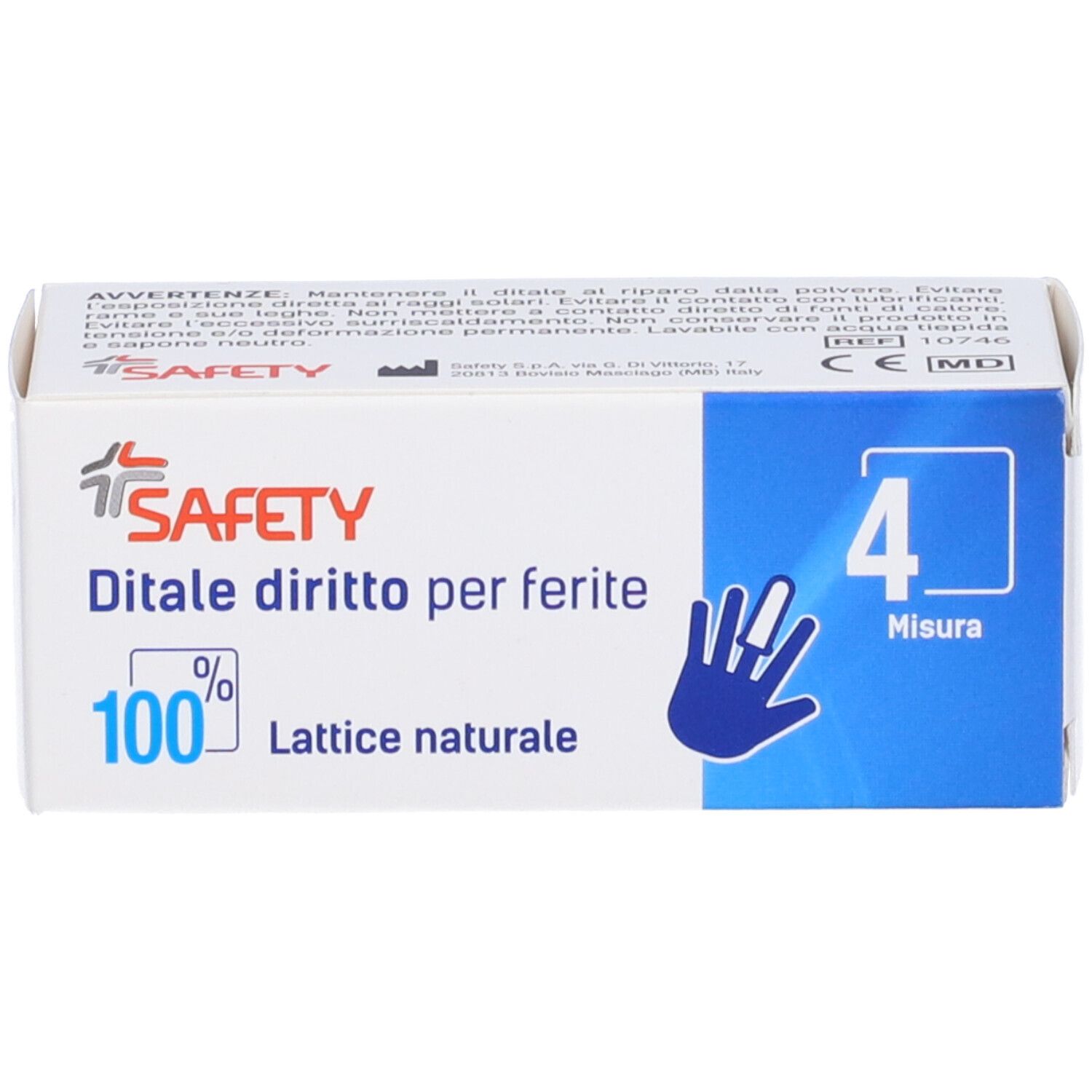 Scatola 'SAFETY' con 'Ditale diritto per ferite'. Misura 4. 100% lattice naturale. Simbolo mano.