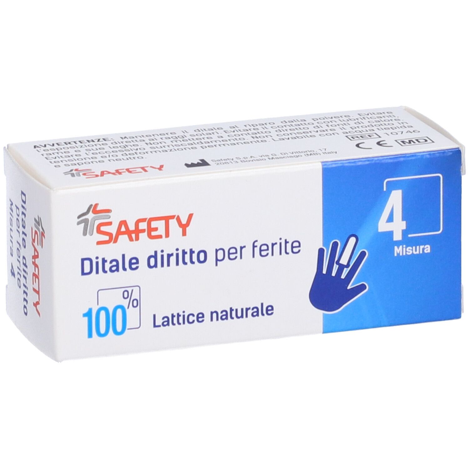 Scatola 'SAFETY' con 'Ditale diritto per ferite'. Misura 4. 100% lattice naturale. Simbolo mano.