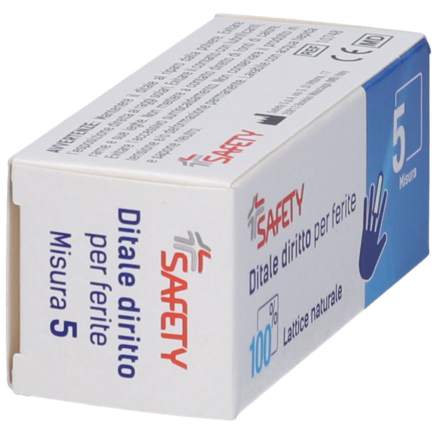 Scatola "SAFETY" con scritta "Ditale diritto per ferite", "5 Misura". Contiene lattice naturale 100%. Marchio CE.