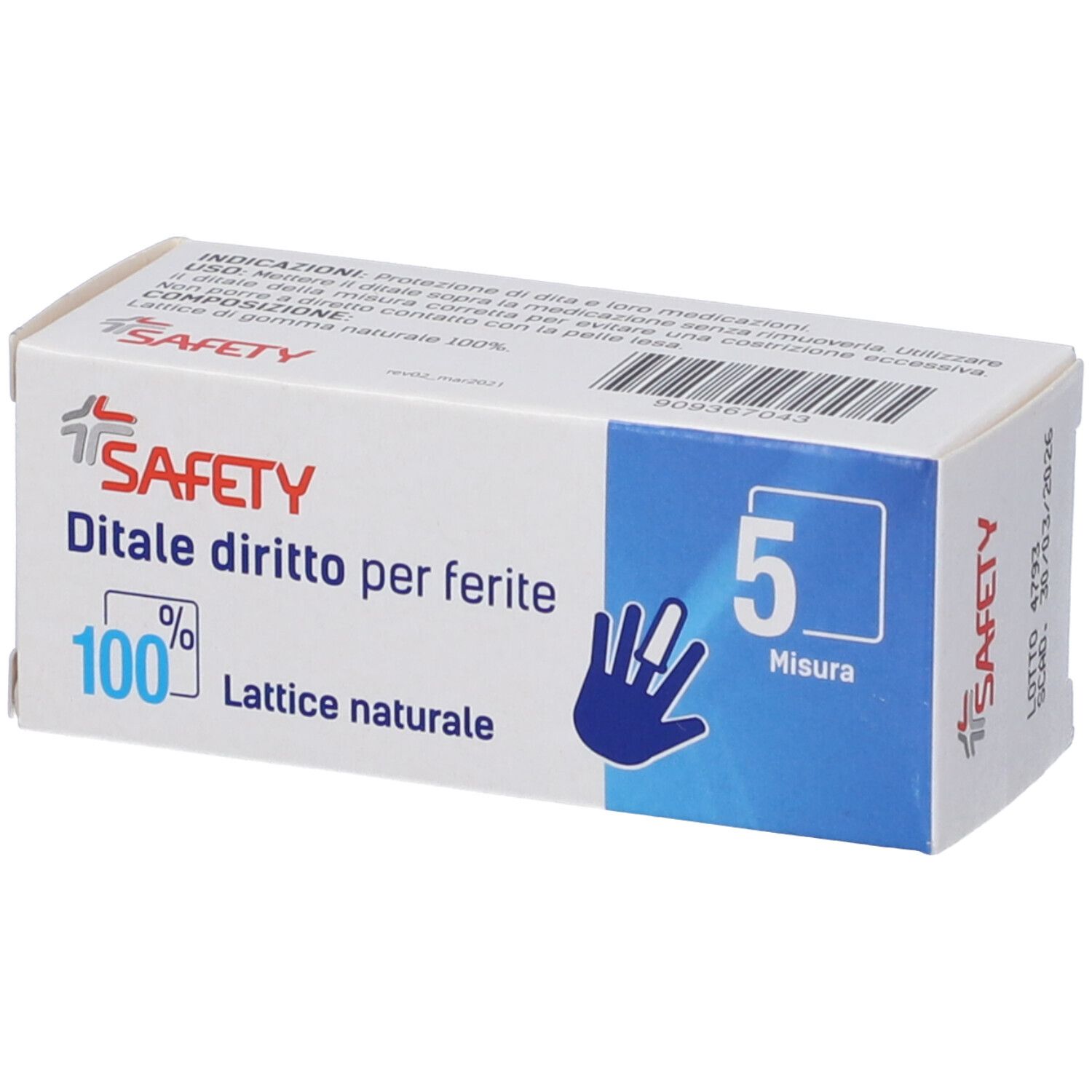 Scatola "SAFETY" con scritta "Ditale diritto per ferite", "5 Misura". Contiene lattice naturale 100%. Marchio CE.