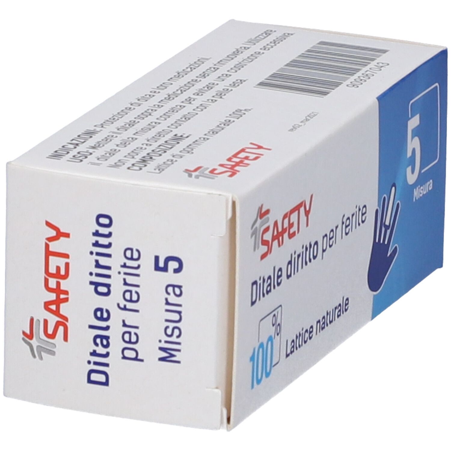 Scatola "SAFETY" con scritta "Ditale diritto per ferite", "5 Misura". Contiene lattice naturale 100%. Marchio CE.