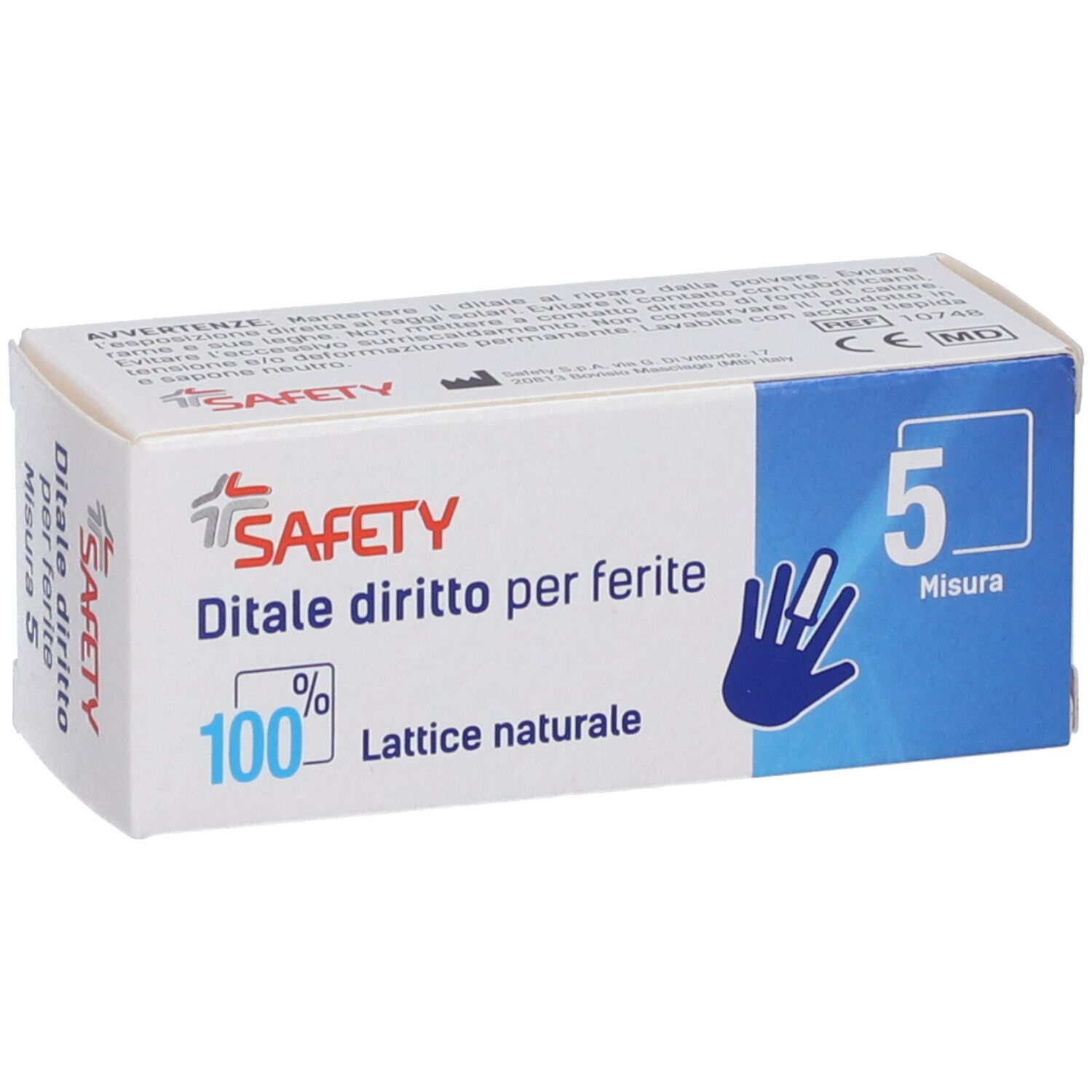 Scatola "SAFETY" con scritta "Ditale diritto per ferite", "5 Misura". Contiene lattice naturale 100%. Marchio CE.