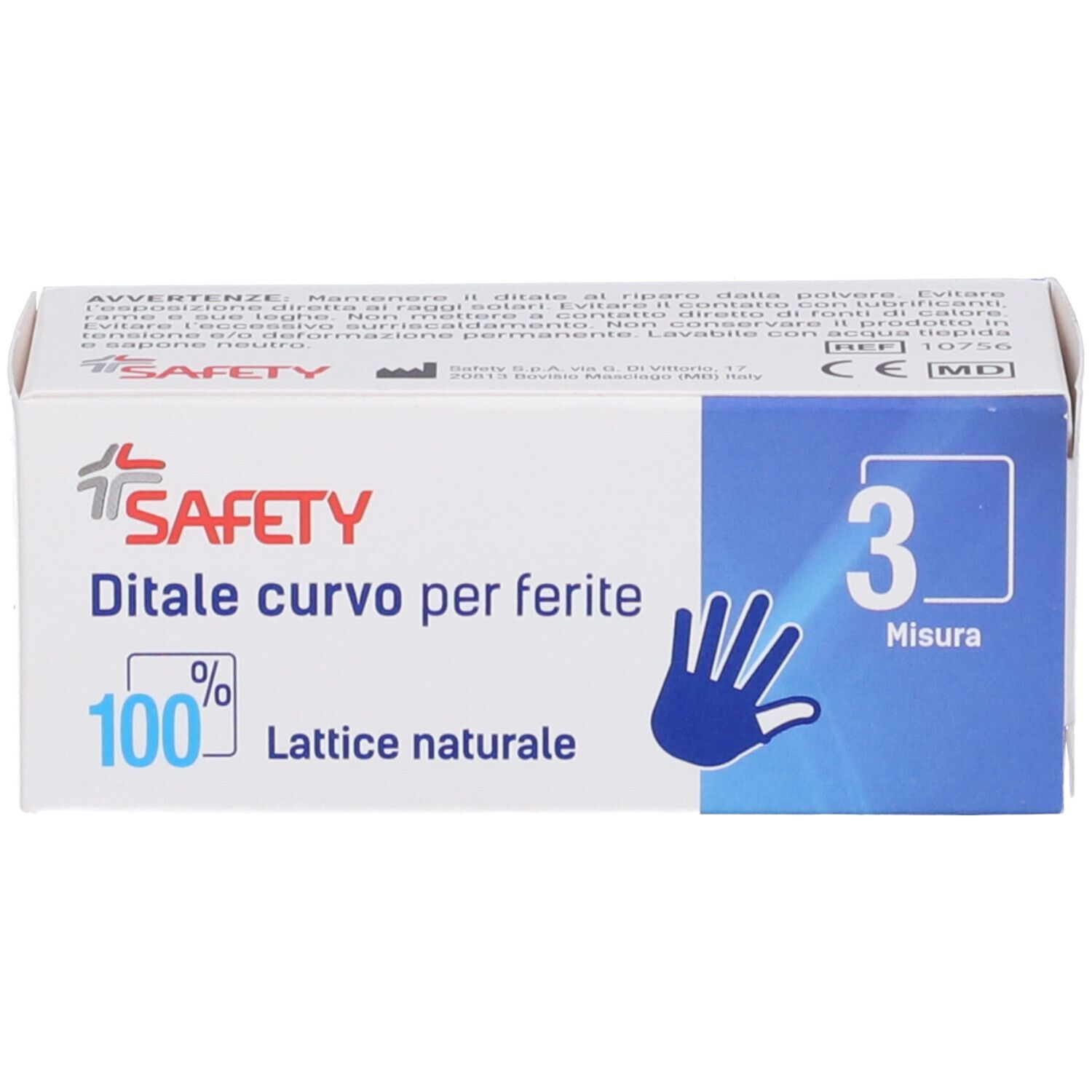 Confezione di Safety Ditale curvo per ferite. Misura 3. 100% lattice naturale. Bianco con illustrazione mano blu.
