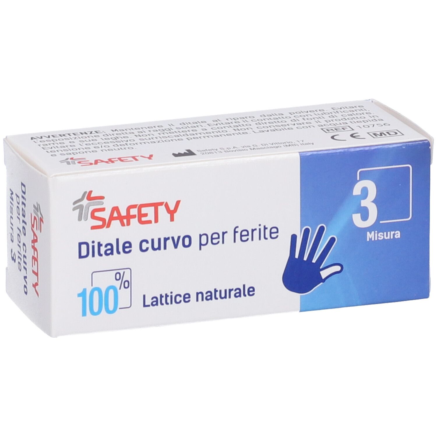 Confezione di Safety Ditale curvo per ferite. Misura 3. 100% lattice naturale. Bianco con illustrazione mano blu.