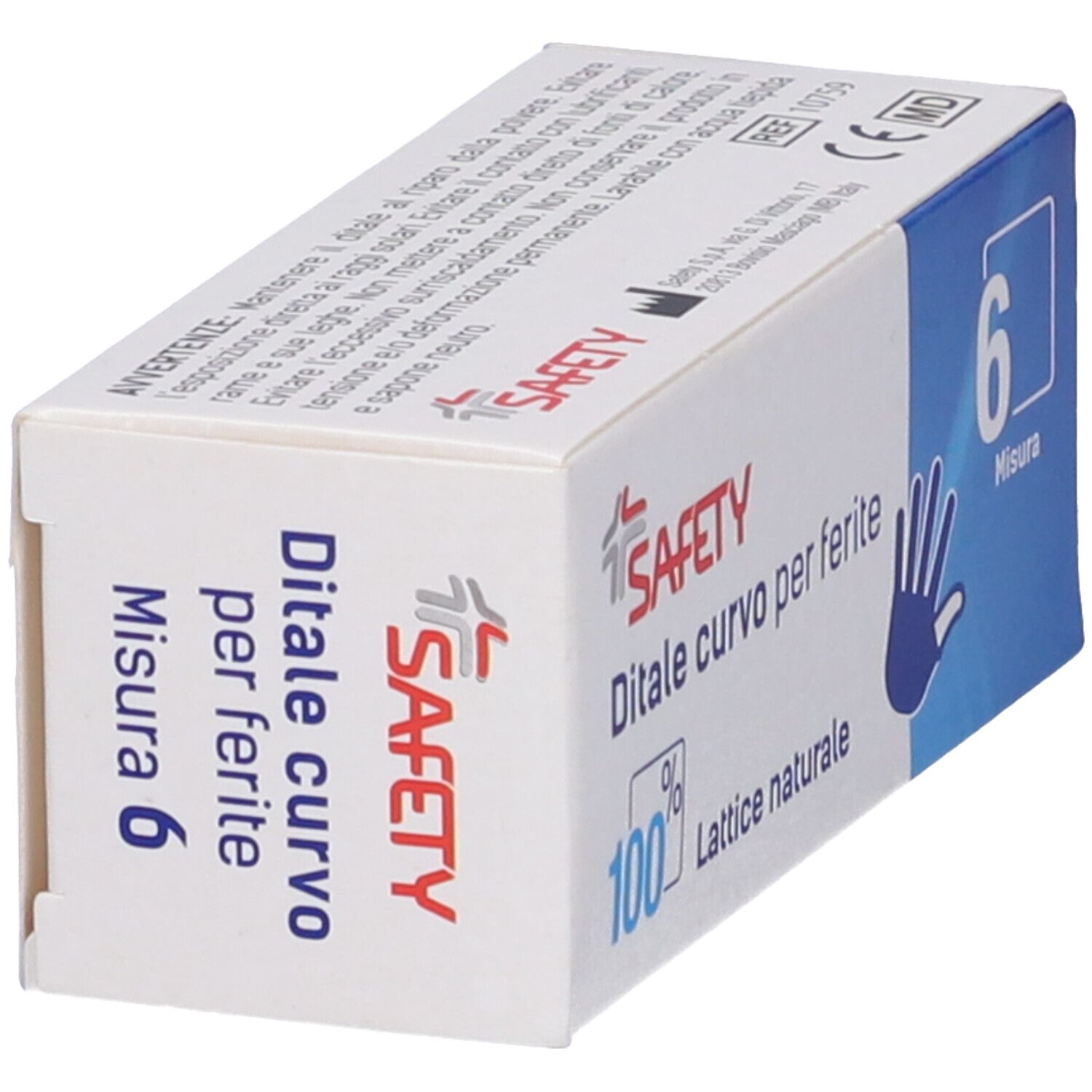 Confezione di Safety Ditale curvo per ferite, taglia 6. 100% lattice naturale. Illustrazione mano blu.