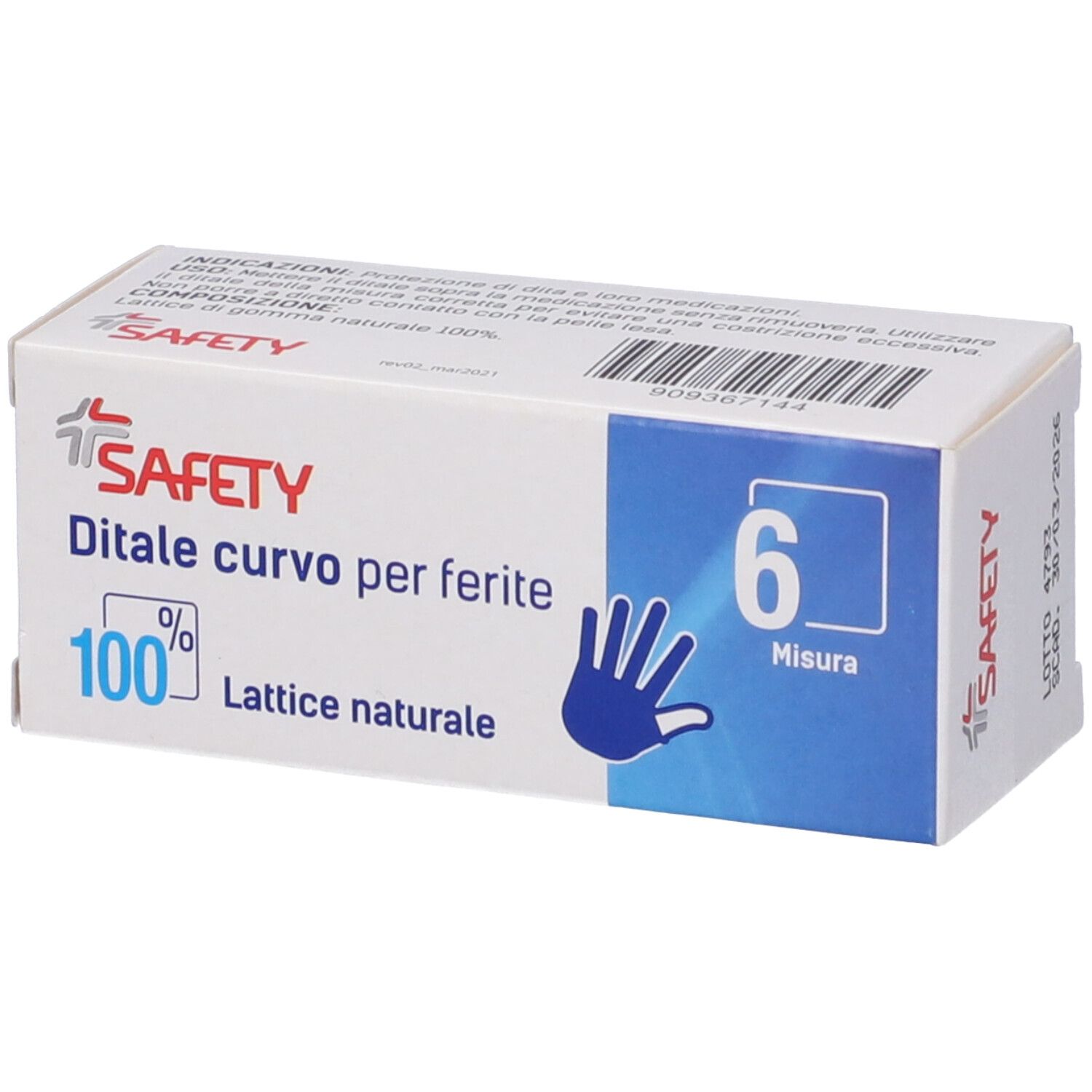 Confezione di Safety Ditale curvo per ferite, taglia 6. 100% lattice naturale. Illustrazione mano blu.
