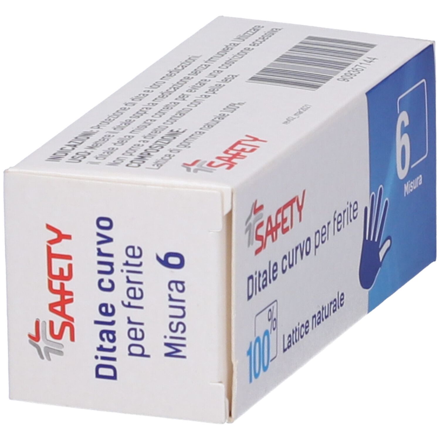 Confezione di Safety Ditale curvo per ferite, taglia 6. 100% lattice naturale. Illustrazione mano blu.