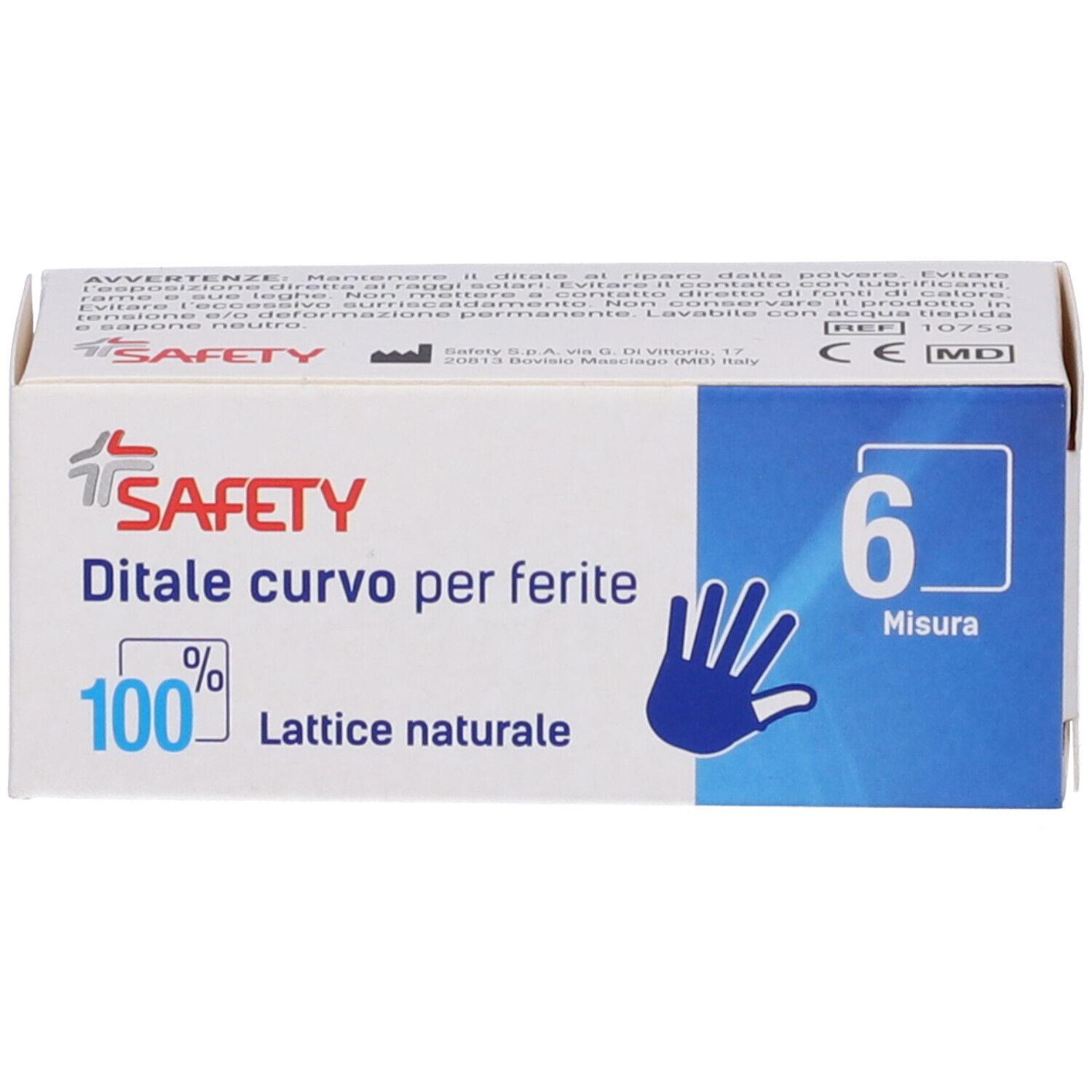 Confezione di Safety Ditale curvo per ferite, taglia 6. 100% lattice naturale. Illustrazione mano blu.