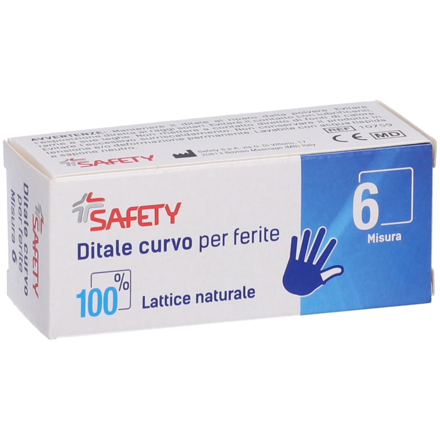 Confezione di Safety Ditale curvo per ferite, taglia 6. 100% lattice naturale. Illustrazione mano blu.