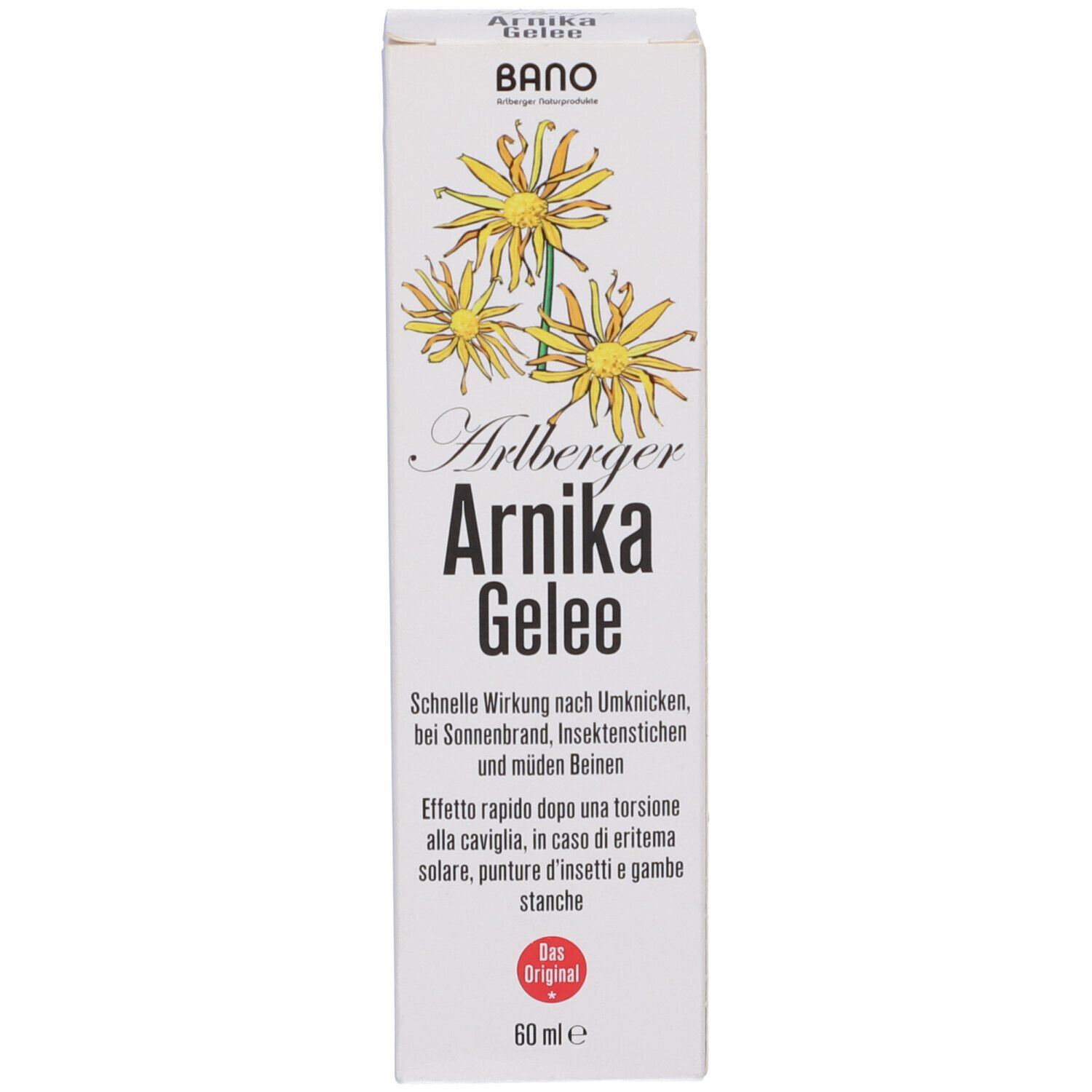 Confezione prodotto stretta con fiori gialli e nome del prodotto. Contiene testo.