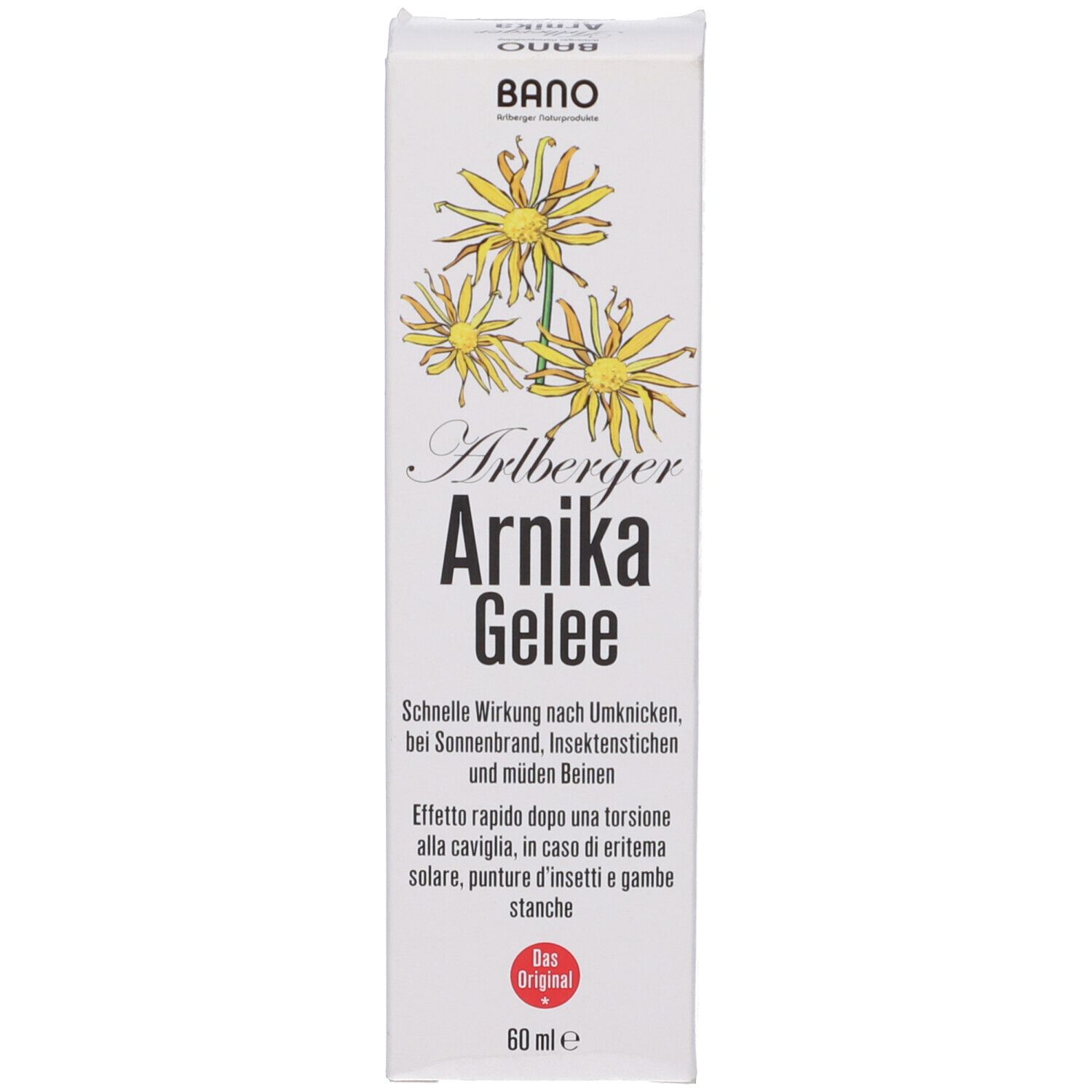 Confezione prodotto stretta con fiori gialli e nome del prodotto. Contiene testo.