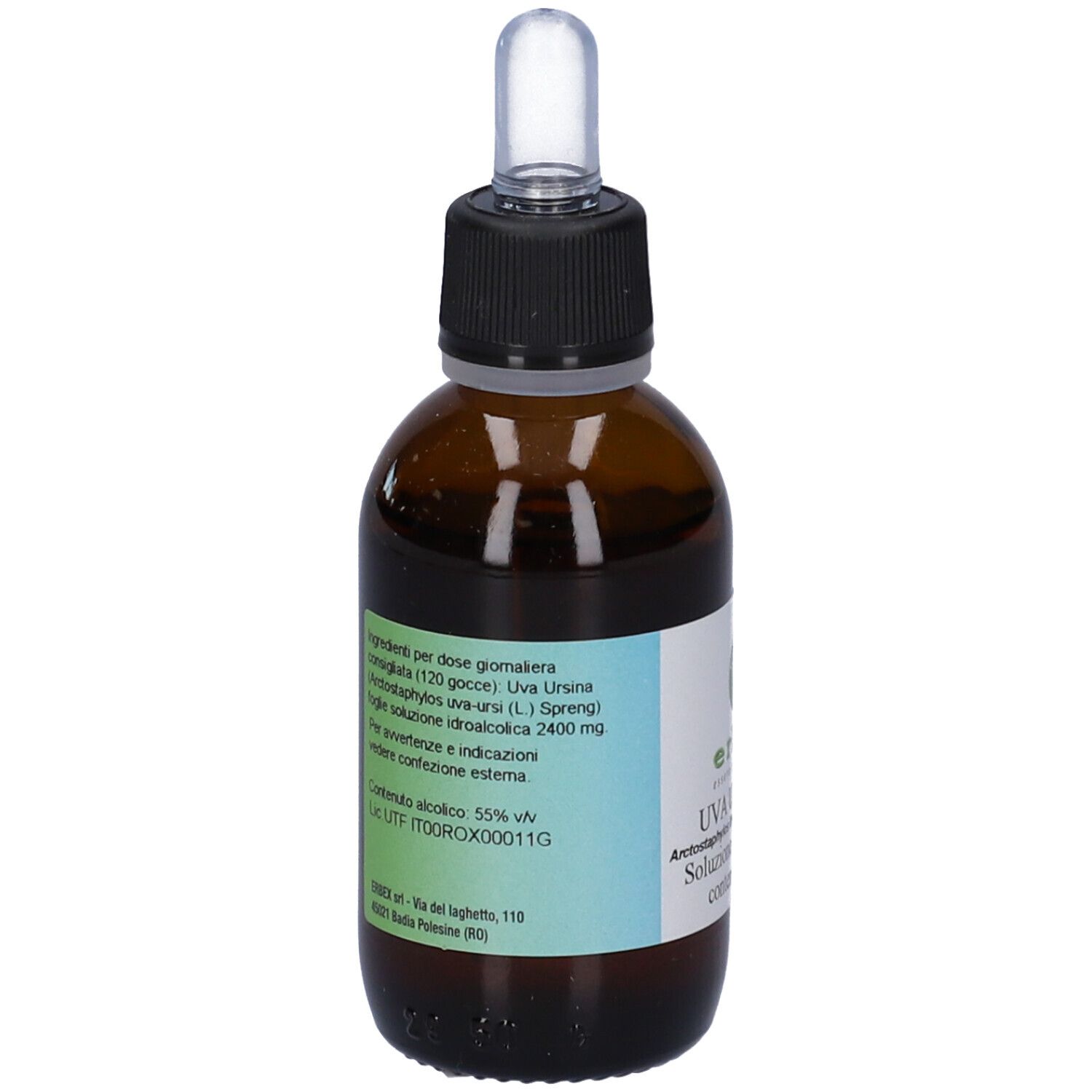 Flacone di vetro marrone con etichetta. Testo con ingredienti e informazioni. Flacone.