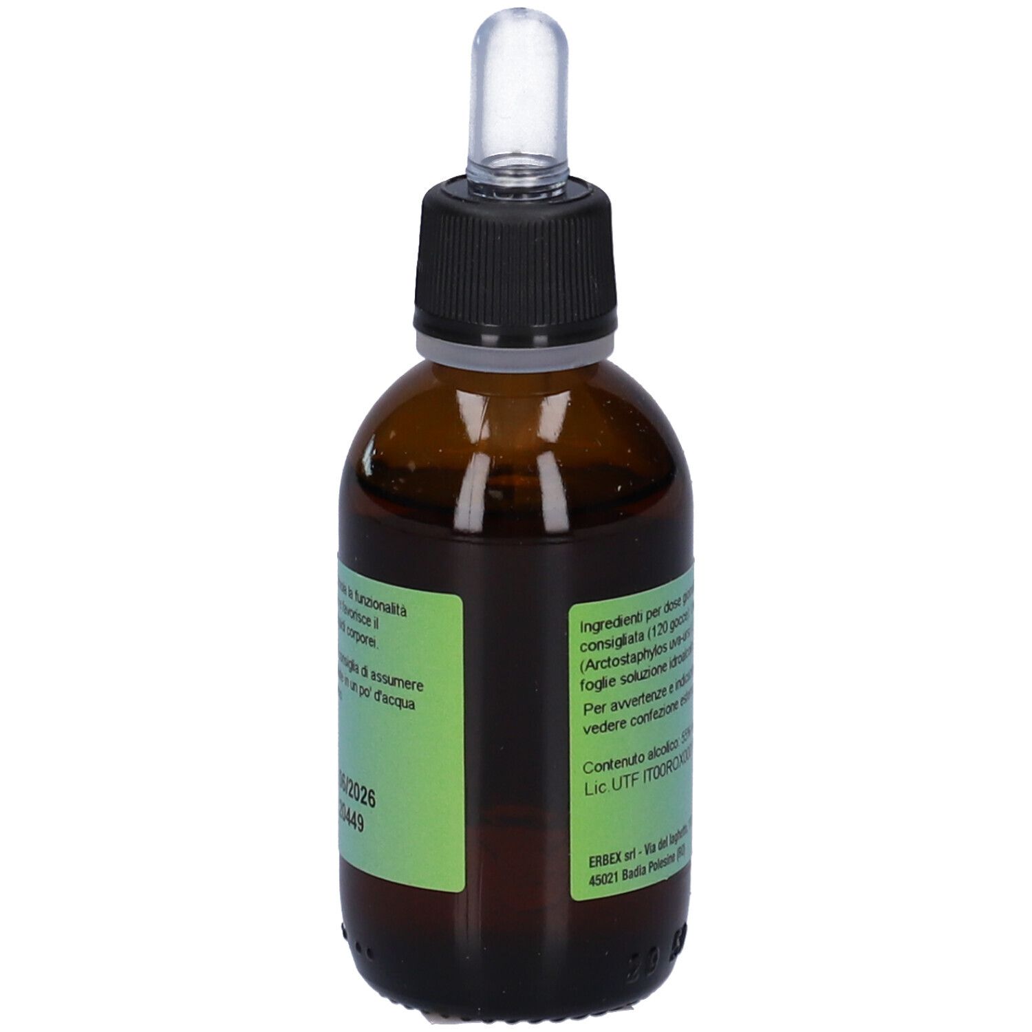 Flacone di vetro marrone con etichetta. Testo con ingredienti e informazioni. Flacone.