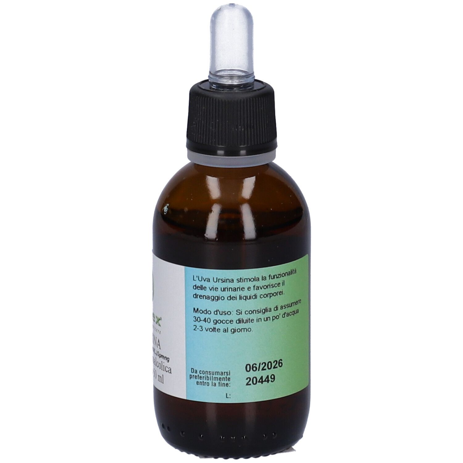 Flacone di vetro marrone con etichetta. Testo con istruzioni per l'uso e data di scadenza. Flacone.