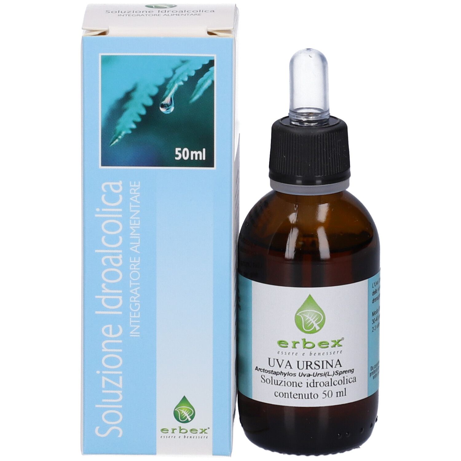 Flacone di vetro marrone e scatola. Nome del prodotto e logo sulla scatola. Flacone.