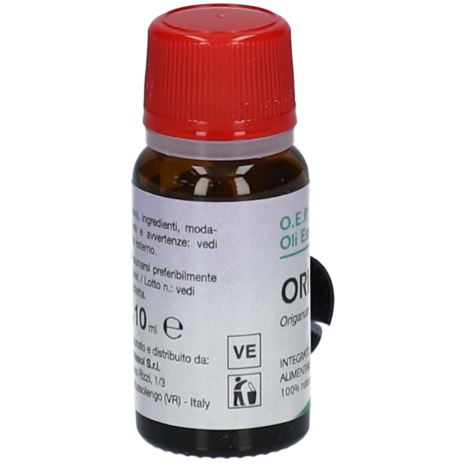 Flacone di vetro marrone con tappo rosso. Etichetta: Origano, 10 ml, SPECCHIASOL.