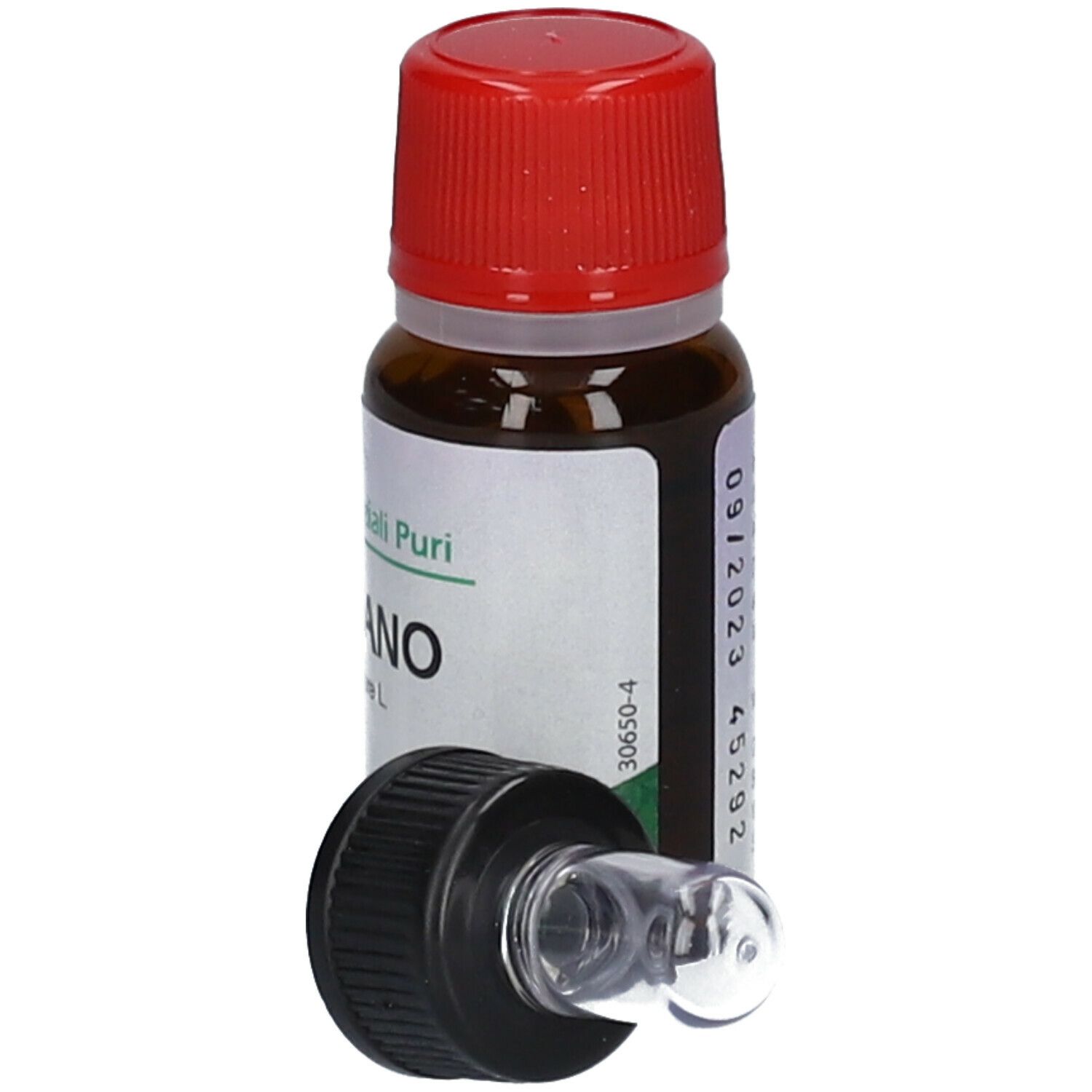 Flacone di vetro marrone con tappo rosso e pipetta. Etichetta: Origano, SPECCHIASOL.