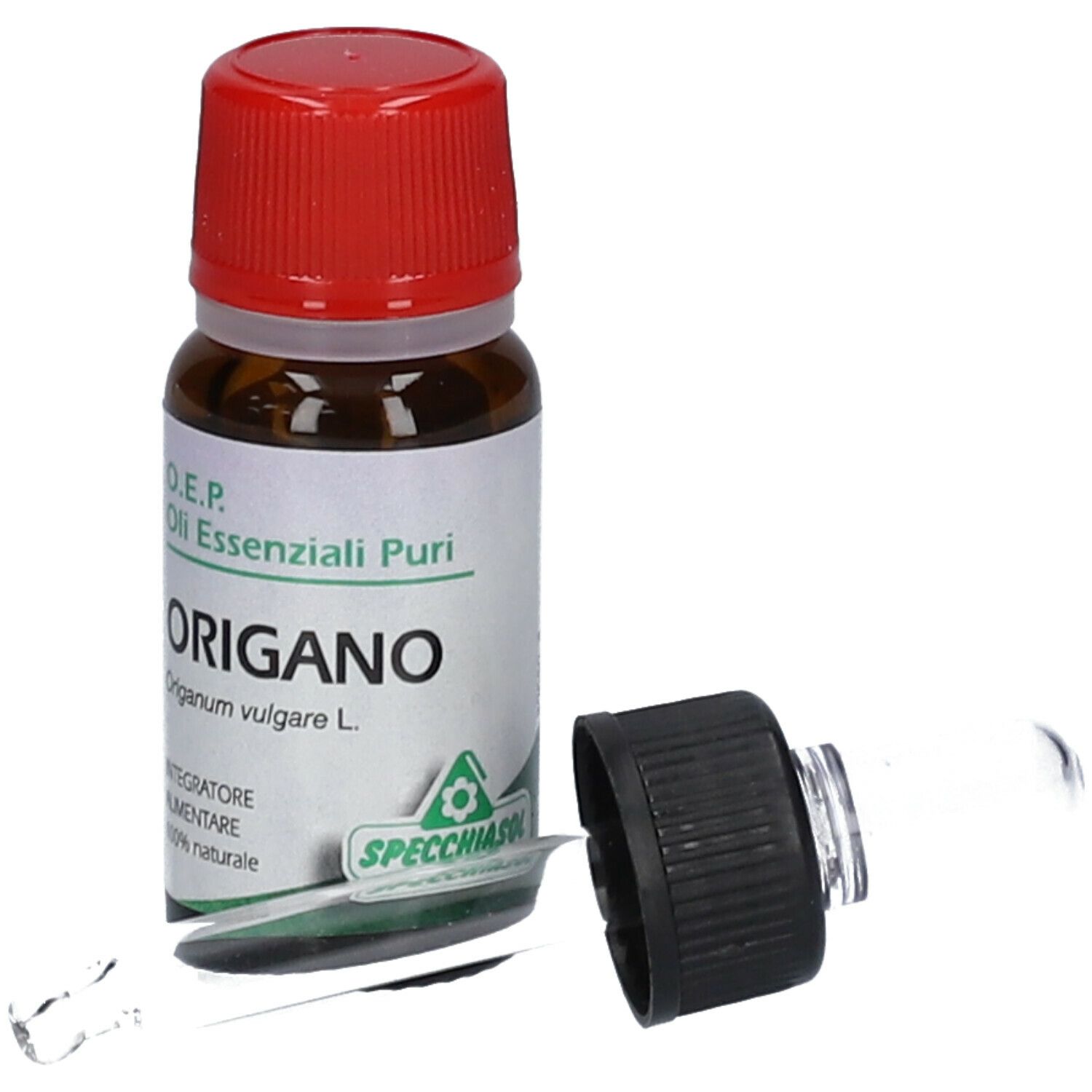 Flacone di vetro marrone con tappo rosso e pipetta. Etichetta: Origano, SPECCHIASOL.