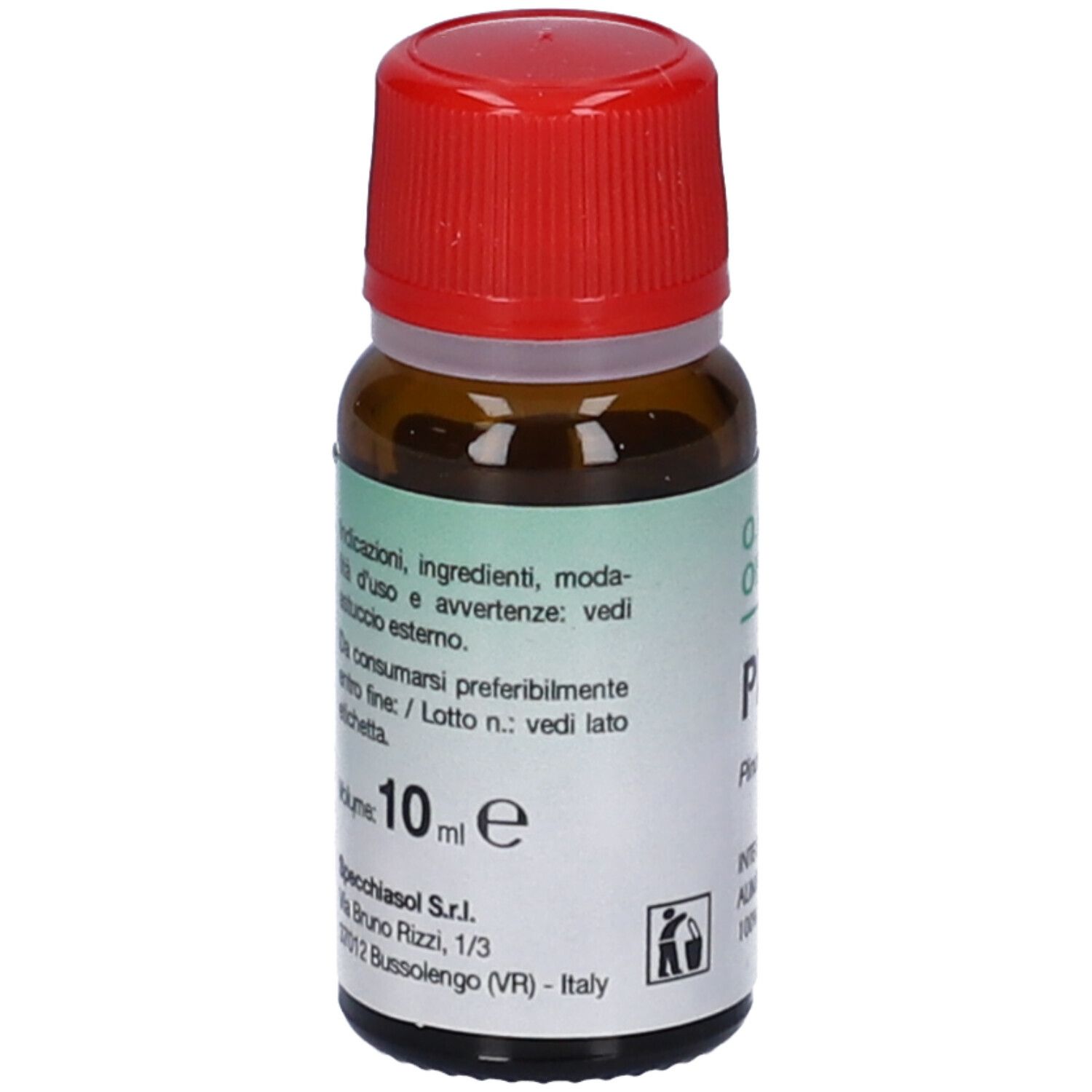 Flacone di vetro marrone con tappo rosso. Etichetta con informazioni sul prodotto. Volume: 10 ml. Marchio: Specchiasol.