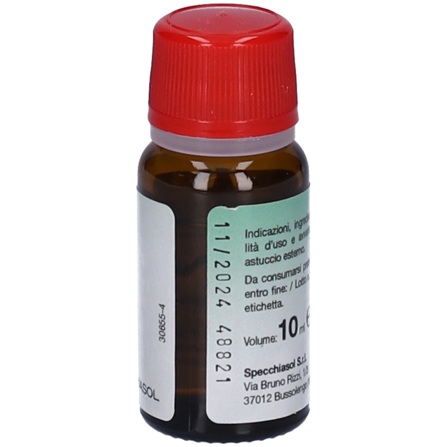 Flacone di vetro marrone con tappo rosso. Etichetta con informazioni e data di scadenza. Volume: 10 ml. Marchio: Specchiasol.