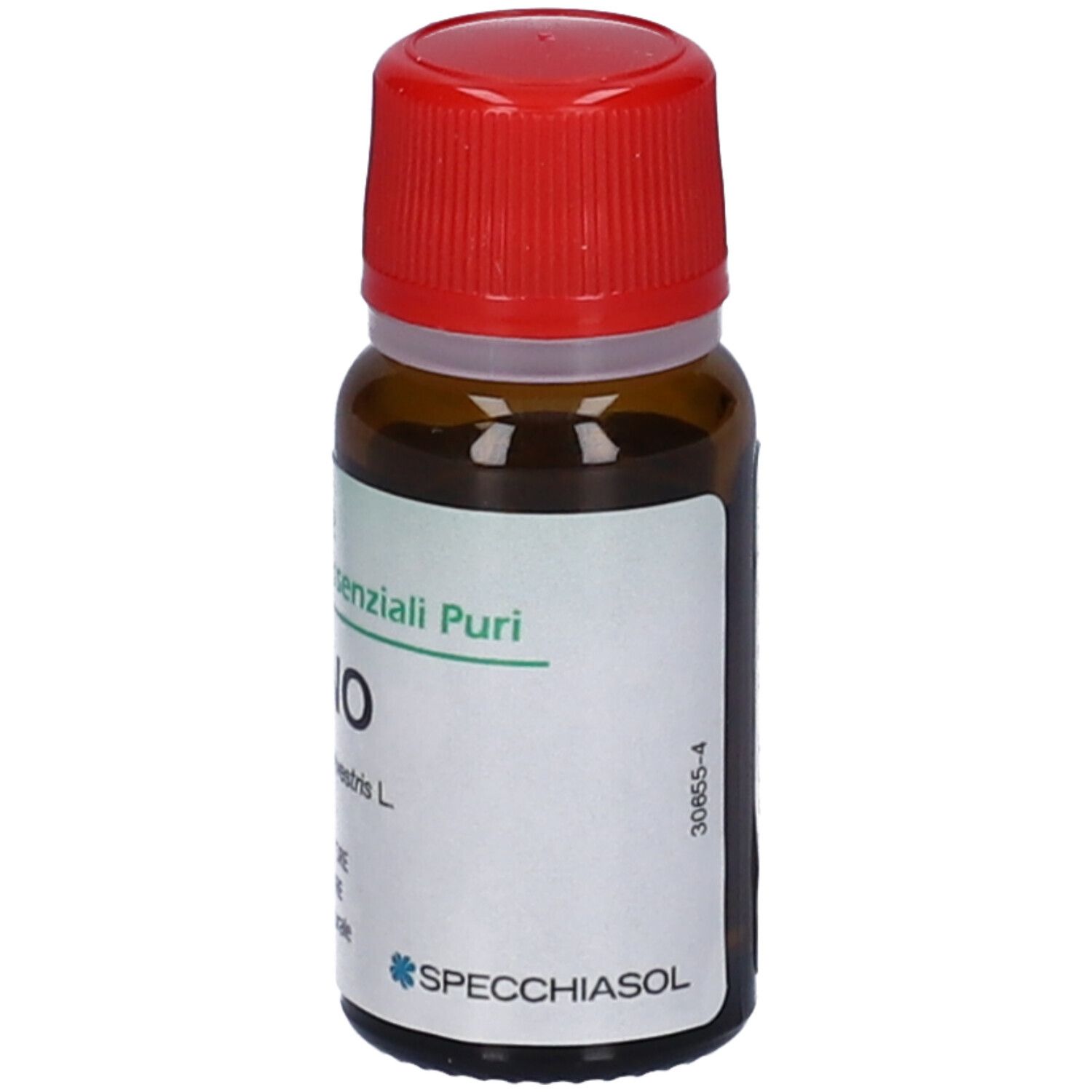 Flacone di vetro marrone con tappo rosso. Etichetta con informazioni sul prodotto. Marchio: Specchiasol. Volume: 10 ml.