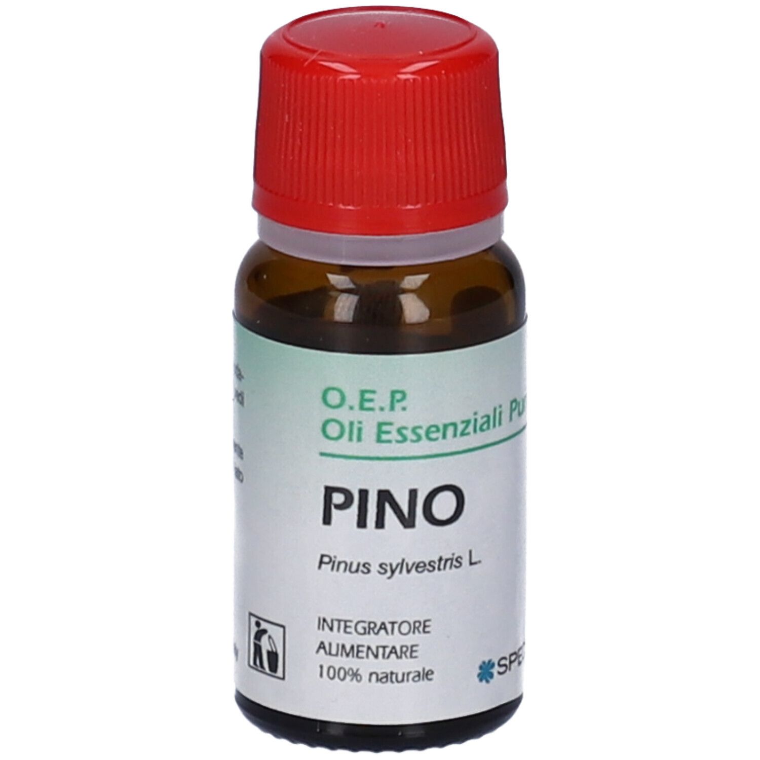 Flacone di vetro marrone con tappo rosso. Etichetta con informazioni sul prodotto. Marchio: Specchiasol. Volume: 10 ml.